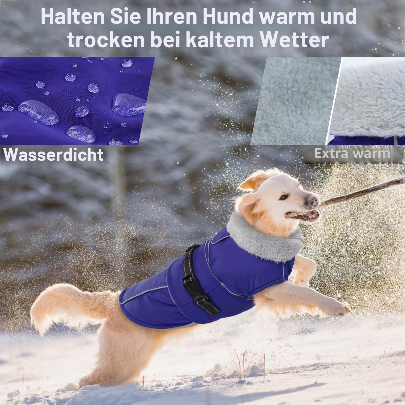 Lelepet Hundemantel Winterweste Reflektierende Fleece Hundejacke für Große Hunde Wasserdicht Hundejacke Wintermantel Warme Winterjacke mit Verstellbarer Schnalle (Blau, XL)