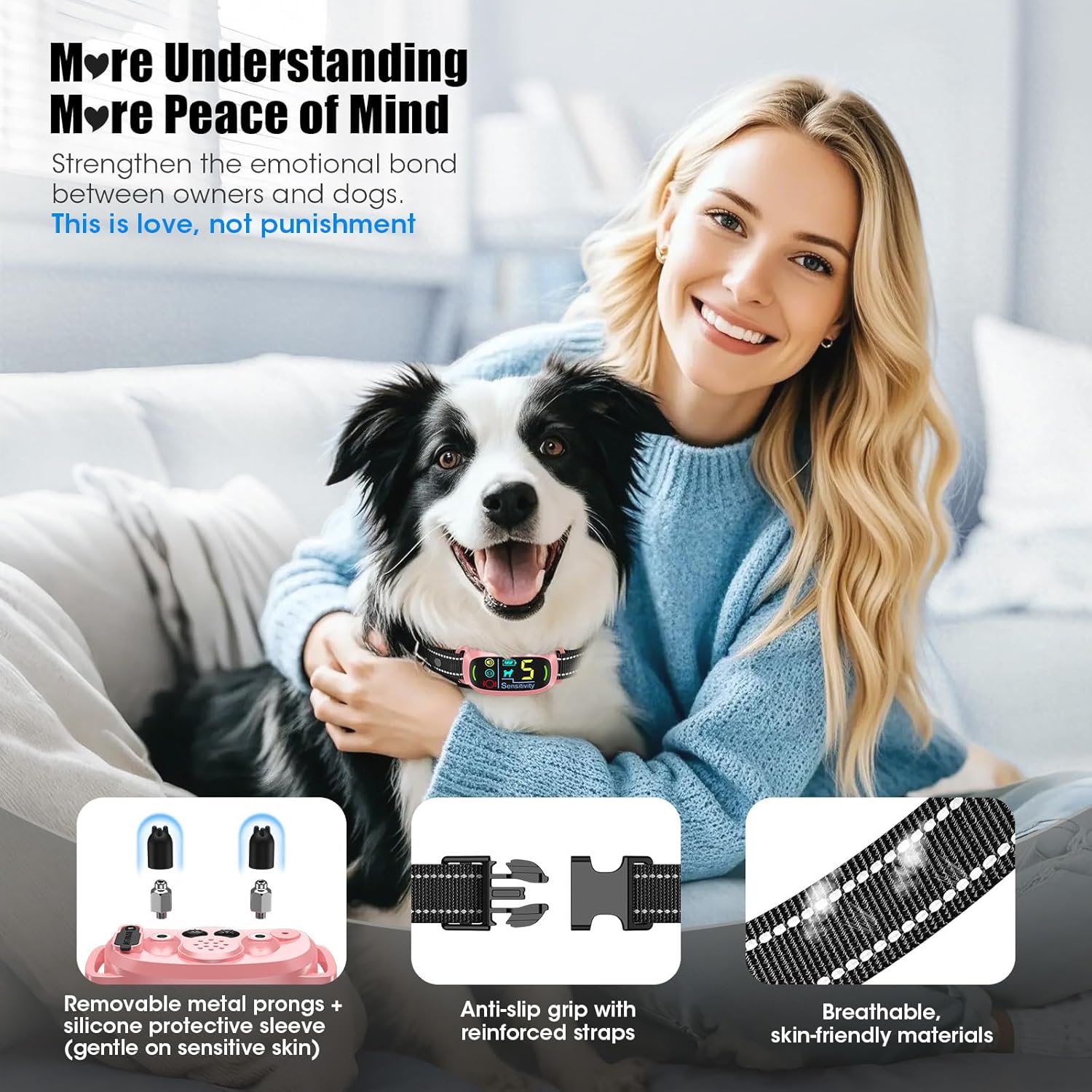 Smart AI Bark Collar for Large Medium Small Dogs, Anti Barking Device with 5 Training Modes, Exclusive Forced Bark-Stopping, Rechargeable IP67 Waterproof Bark Collar with 5 Sensitivity (Pink)