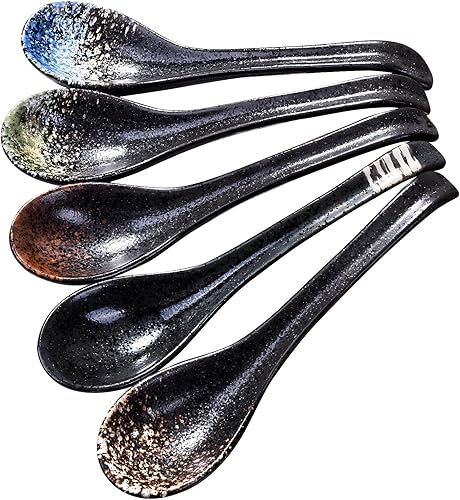 Juego de 5 cucharas de sopa de mango largo japonés y coreano de 7 pulgadas con mango curvo para cucharas de miso pho