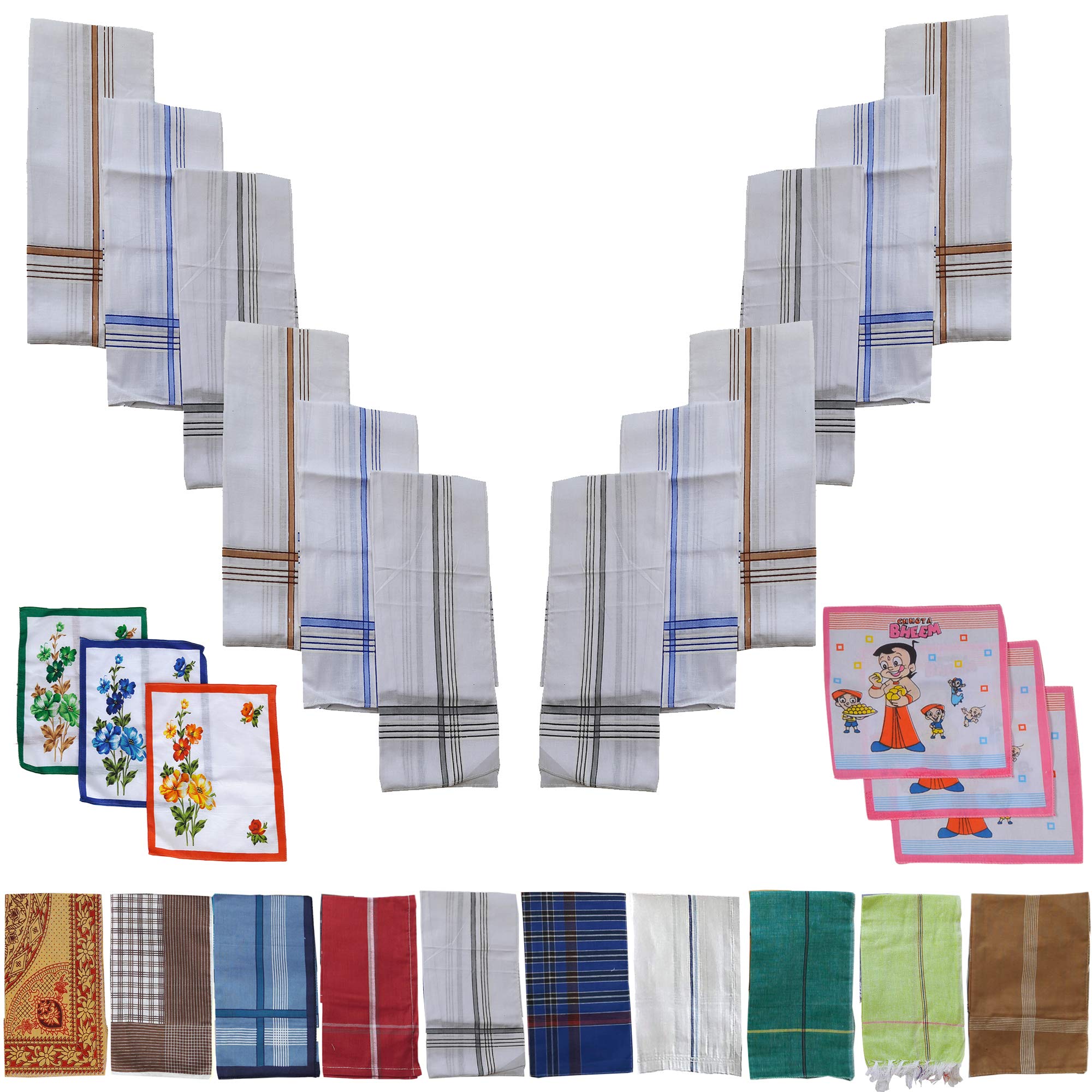 SAI PRASEEDA 100% Pure Soft Cotton Hand Kerchief_Hanky Multi Color Pack of 12 with Free 3 Ladies Kerchief_3 Kids Kerchief SP11-picture-26