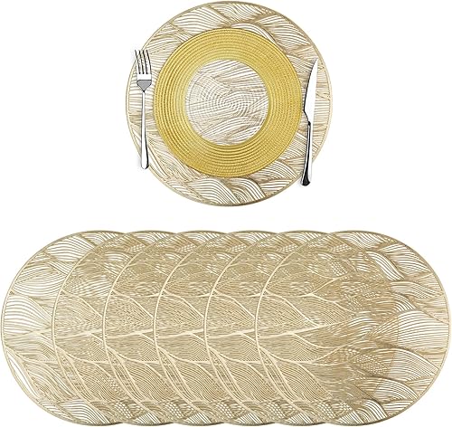 Sweet Elegance Juego de 6 manteles individuales dorados de vinilo lavables redondos huecos para mesa de comedor, antideslizantes, resistentes al