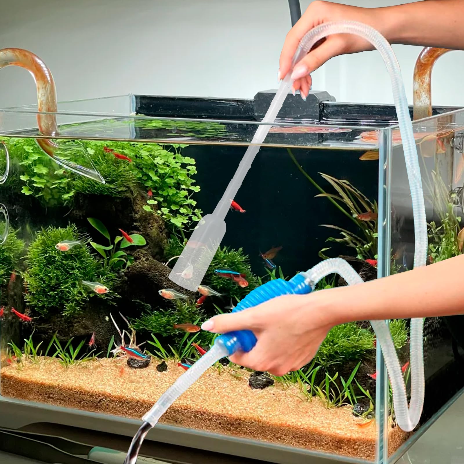 Mulmsauger Aquarium aus Kunststoff, Aquarium Sauger mit Waschkopf, Absaugrohr, Auslaufrohr und Luftsack, Ideal für Aquarium Reinigung und Wasserwechsel