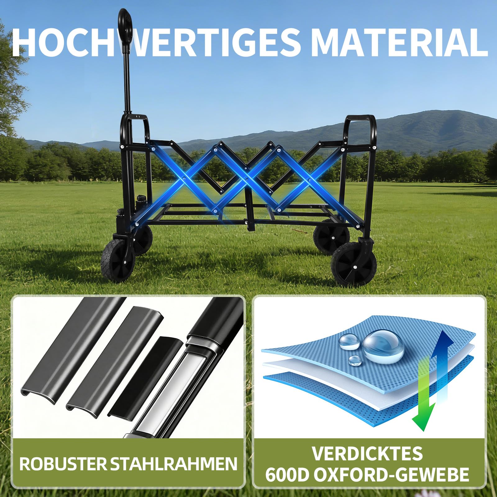 Bollerwagen faltbar,Tragfähigkeit 210 kg, Multifunktionaler Faltwagen mit geländegängigen Rädern, tragbar für Camping, Garten, Einkaufen und Strand (Schwarz, 120L 100 kg Tragfähigkeit)