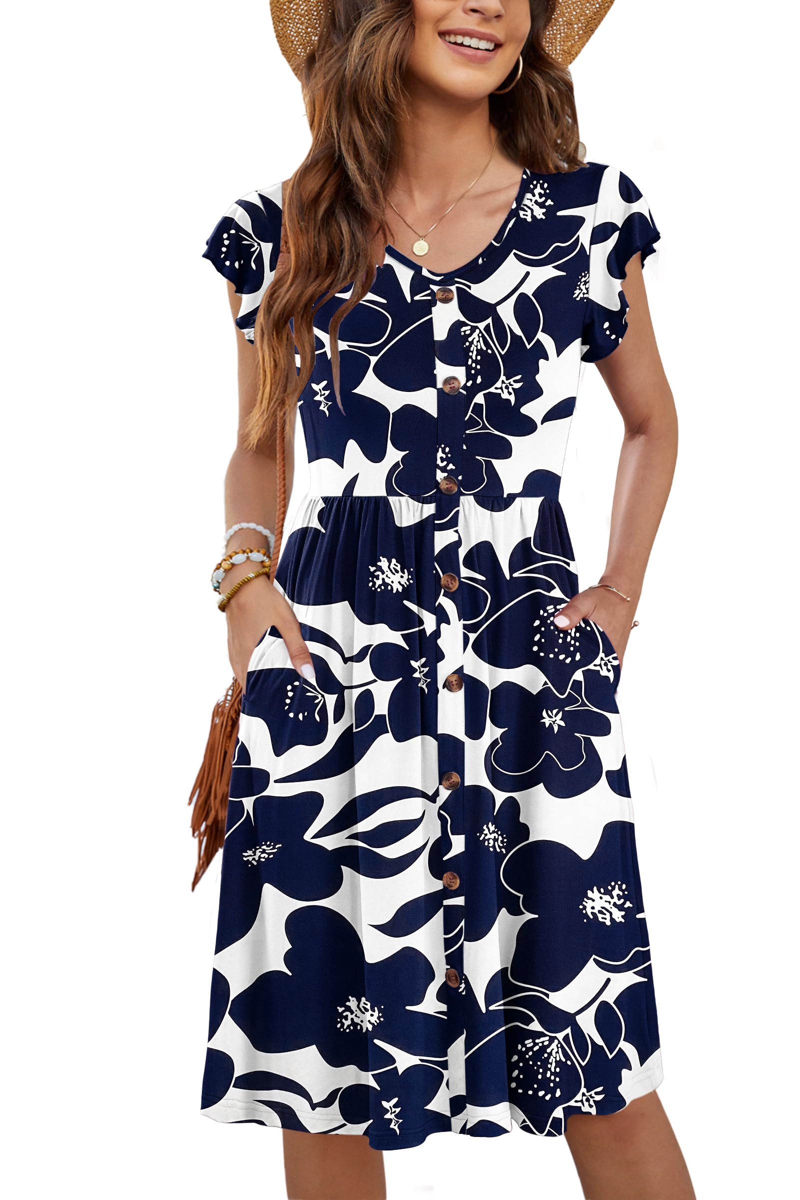 WNEEDU Women Summer Dresses Sleeveless Casual Loose Swing Button Down Midi Dress with Pockets