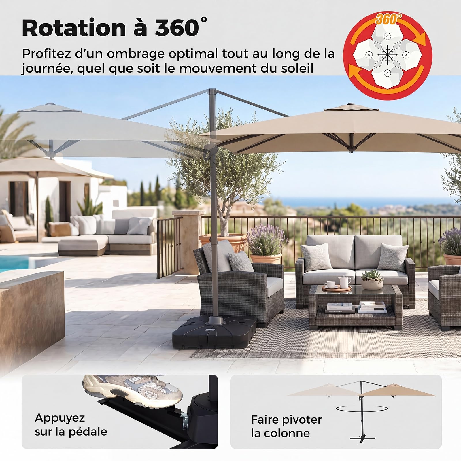 RELAX4LIFE Parasol Déporté Rectangulaire 2x3M, Parasol de Balcon Rotatif à 360° avec Pédale, Inclinaison Réglable, Mât en Alu Épais & 8 Baleines, Toile Ventilée Anti-UV avec Base pour Terrasse Balcon