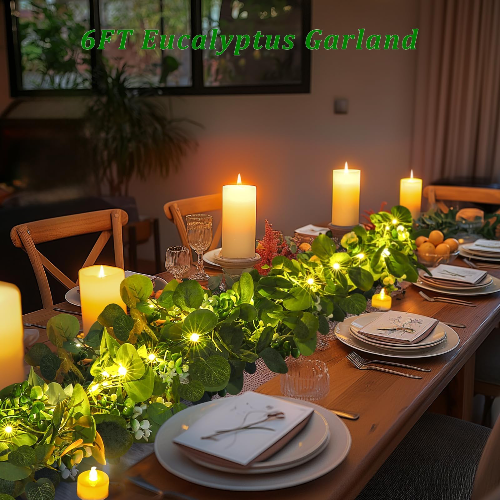 N&T NIETING Künstliche Eukalyptus-Girlande mit Lichtern, 1,8 m, batteriebetrieben mit Timer, Zweigranke für Zimmer, Treppen, Kaminsims, Hochzeit, Urlaub, Dekoration, Innen- und Außenbereich, 2 Stück