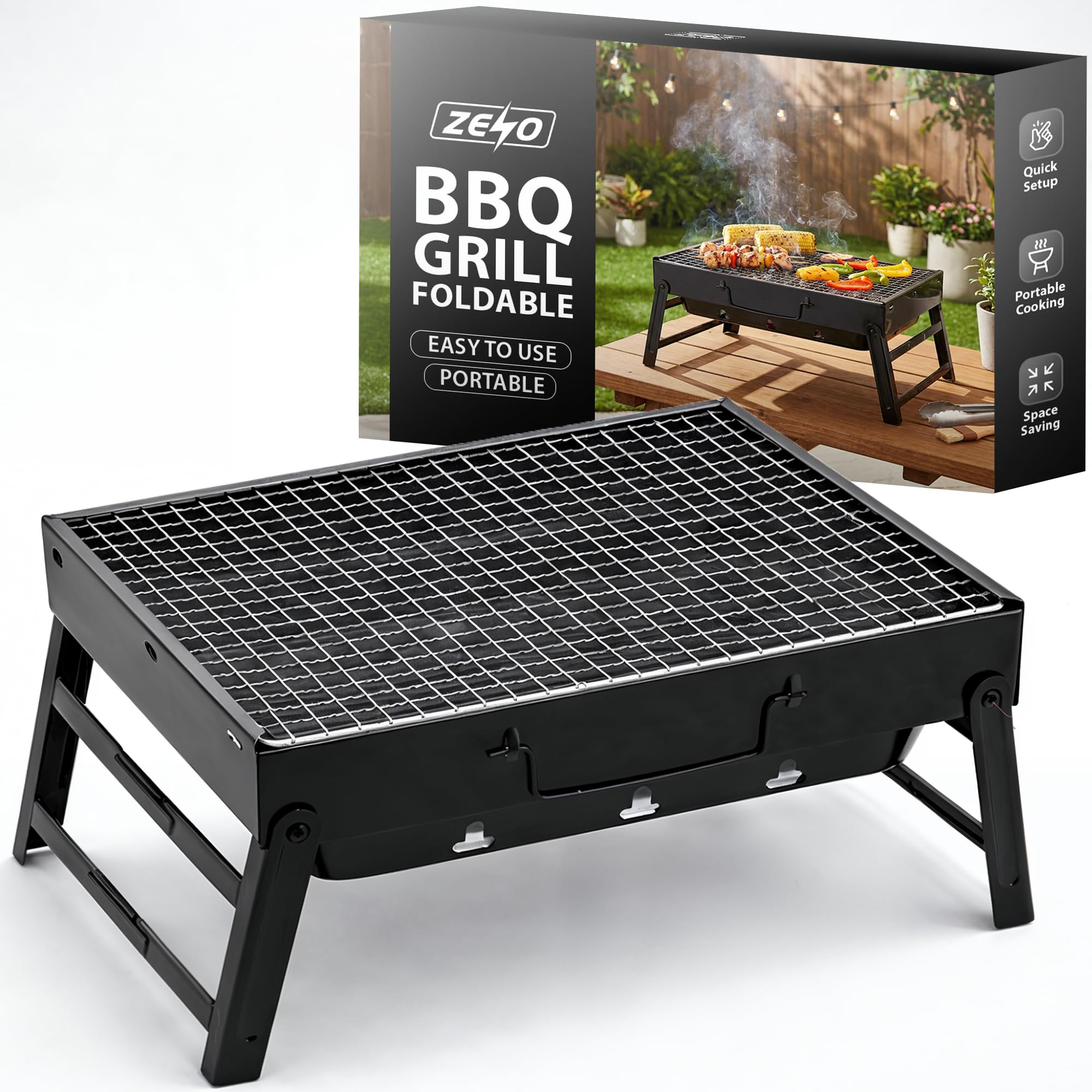 ZENO Portable BBQ Grill | Folding Charcoal Barbecue For Camping, Garden, Picnic | Tabletop Steel Mini Grill With Stable Fold Out Legs Wide Cooking Area And Travel Ready Design