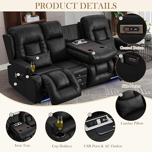 Miniatura 5 de TUNYI Sofá reclinable eléctrico con masaje y calor, asiento de cine en casa con consola, sofá biplaza reclinable RV con