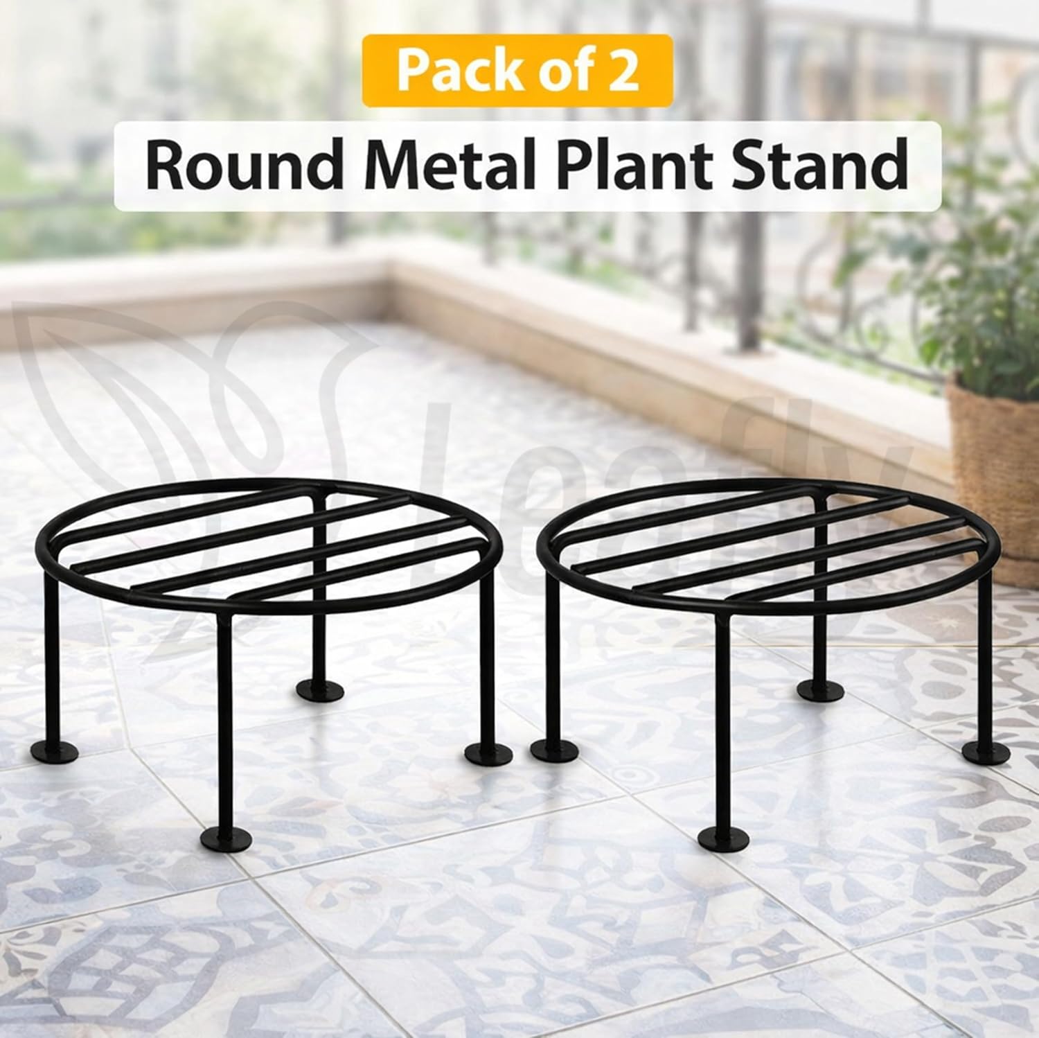 Leafly Plant Round Stand Galvanised Metal Flower Pot Holder Gamla Support Corner Rack Outdoor Display Shelf for Home Garden Balcony Decoration - (Pack of 2, Black)