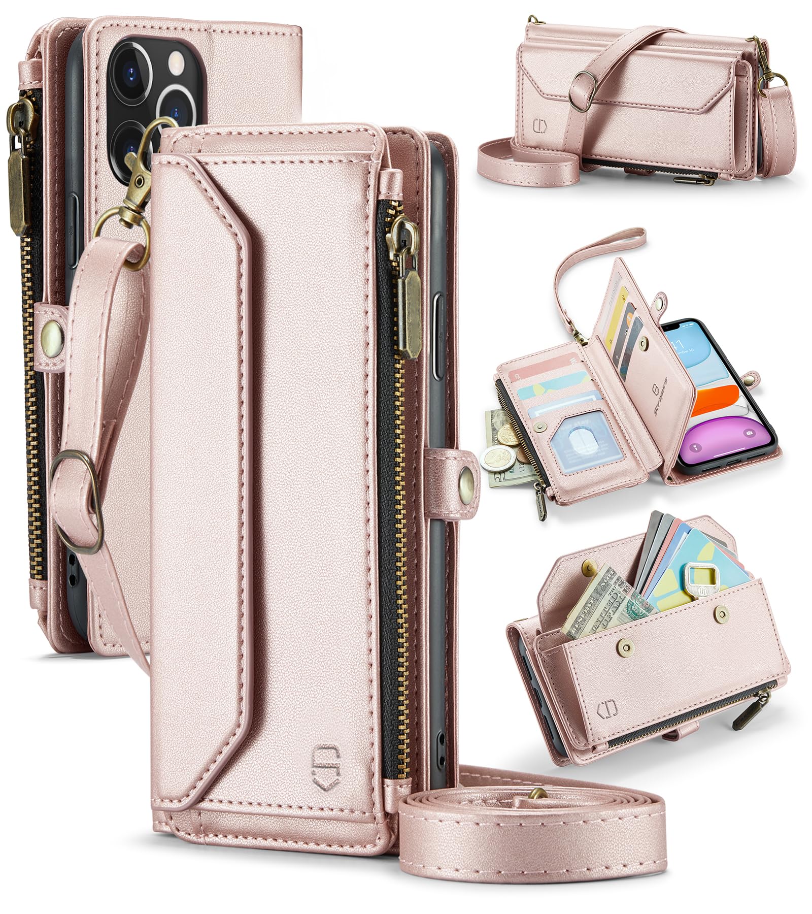 Strapurs Crossbody for iPhone 11 Pro Max Case Wallet?RFID Blocking?with 10-Card Holder Zipper Bills Slot, Soft PU Leather Magnetic Wrist Shoulder Strap for iPhone 11 Pro Max Wallet Case Women,RoseGold