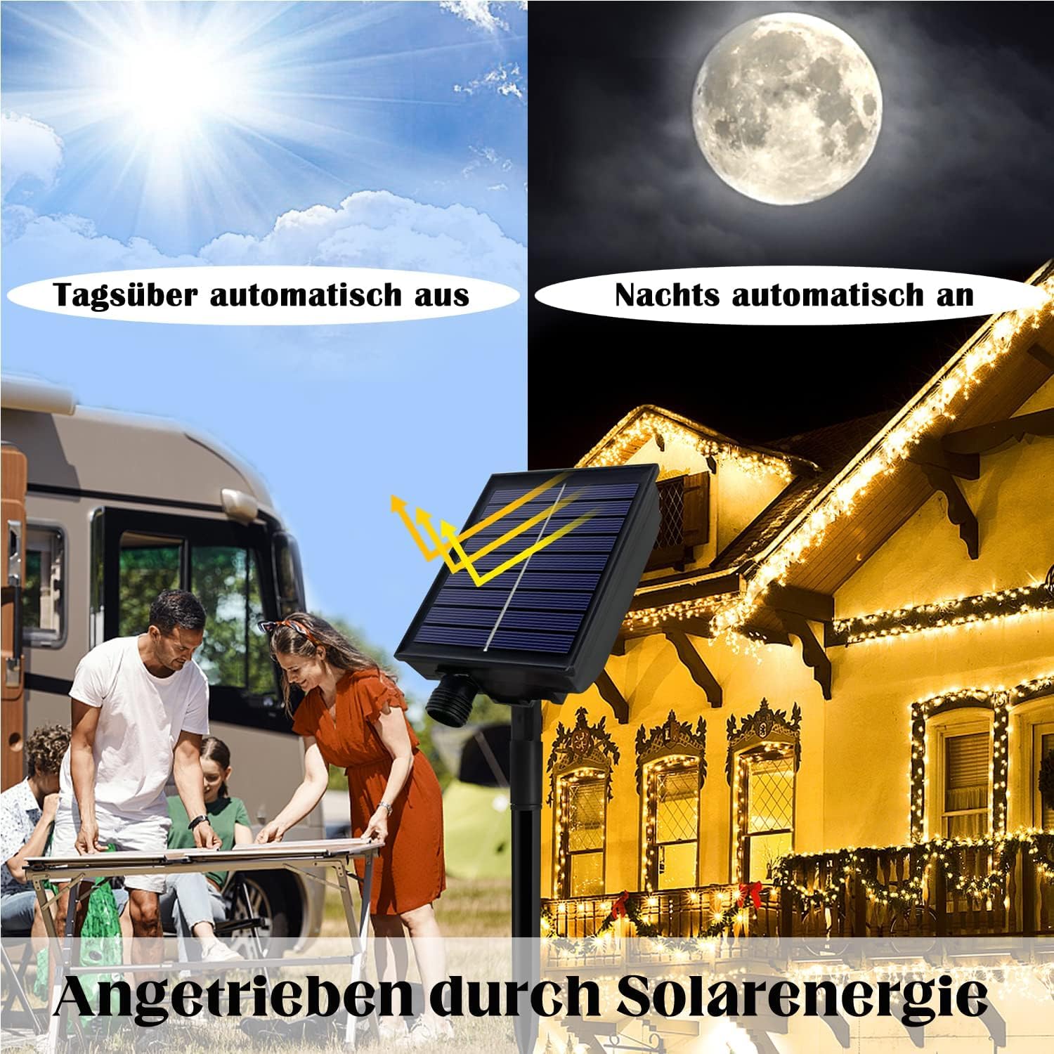 FIVMEN Cadena de luces solares para exteriores, 100 m, 1000 LED, resistente a la intemperie, resistente al agua, IP44, con panel solar y USB, decoración navideña, iluminación para exteriores, blanco