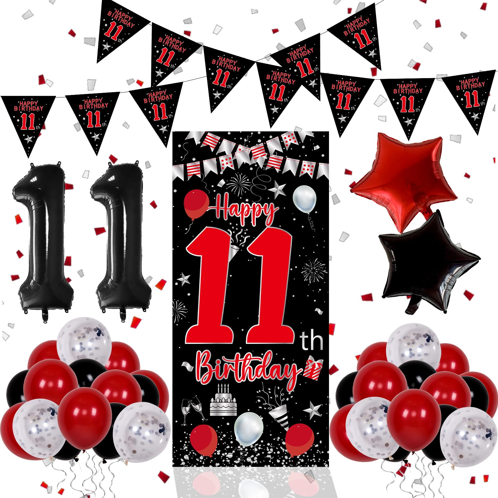 11th Birthday Decorations for Boys Girls, Happy 11th Birthday Decorations Boy, Red Black 11 Year Old Birthday Door Banner, Triangle Flag, Large Number