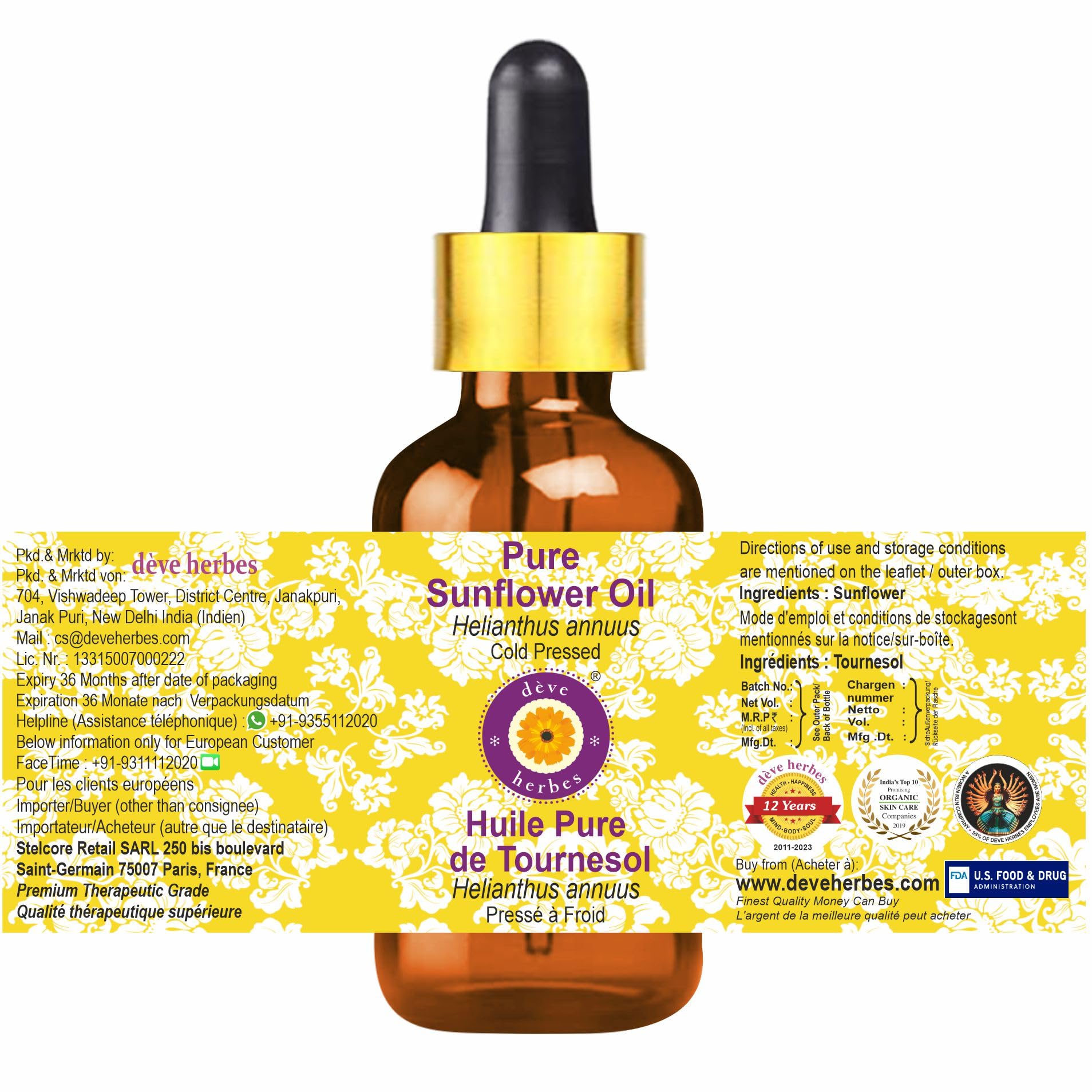 Deve Herbes Pure Sunflower Oil (Helianthus annuus) Non-Sticky, Amber, 30 ml (Pack of 1) - Image 3