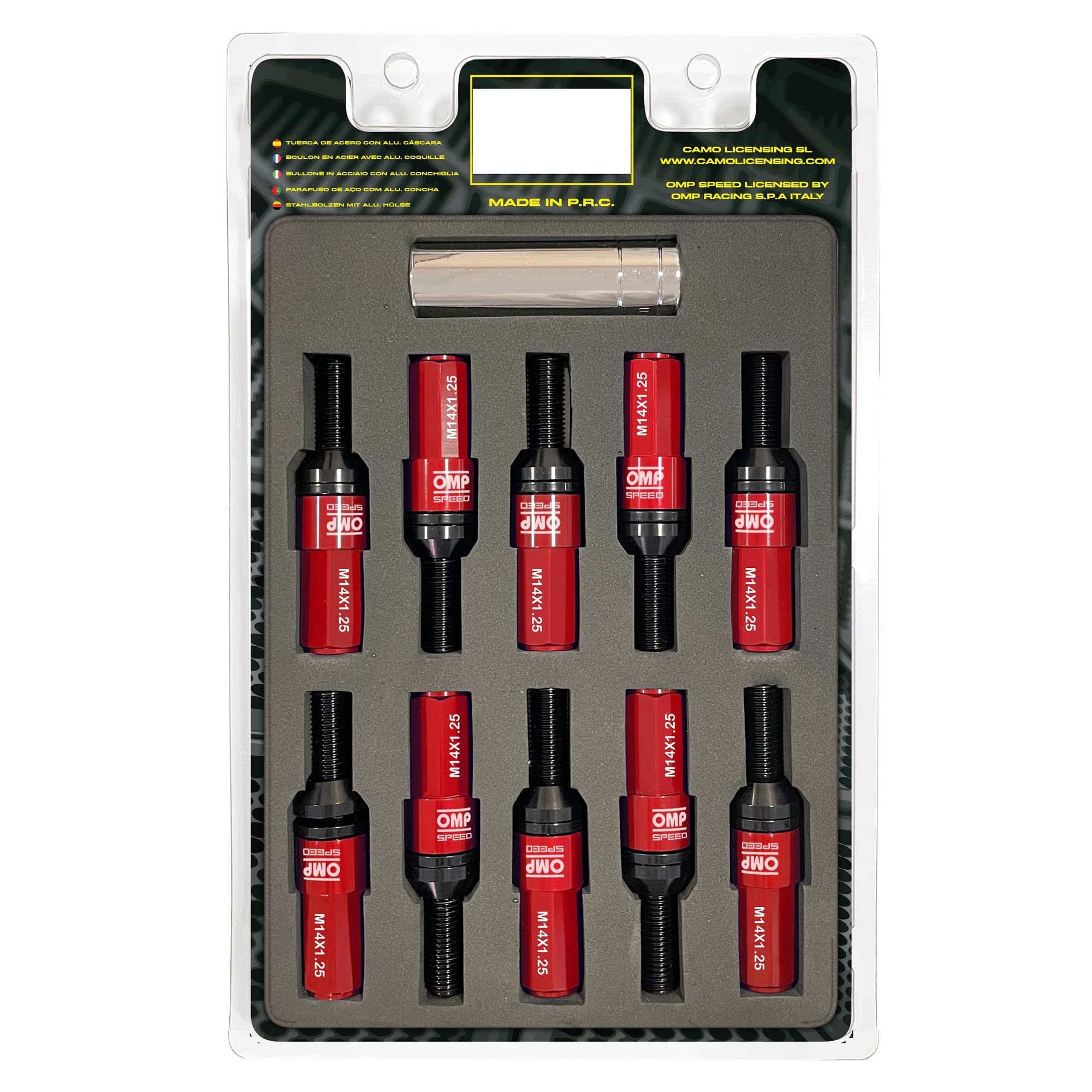 OMP SPEED Set 20 viti a ruota nere con metrica M14X1.25 chiave da 17-19 lunghezza filettata da 28 mm con protezione rossa in alluminio 7075 + DIN 12.9