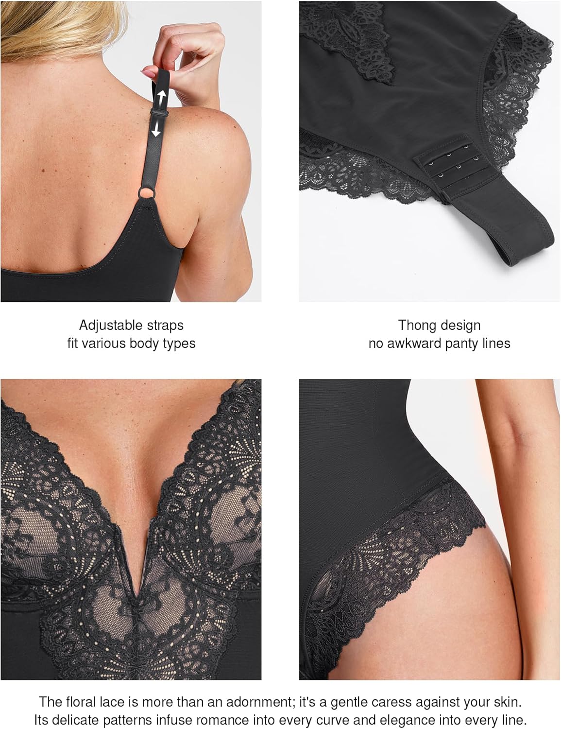 Popilush Shapewear Bodysuit for Women Lace Corset Tops for Large Bust Tummy Control Low Back V Neck Thong Bodysuits - Image 4