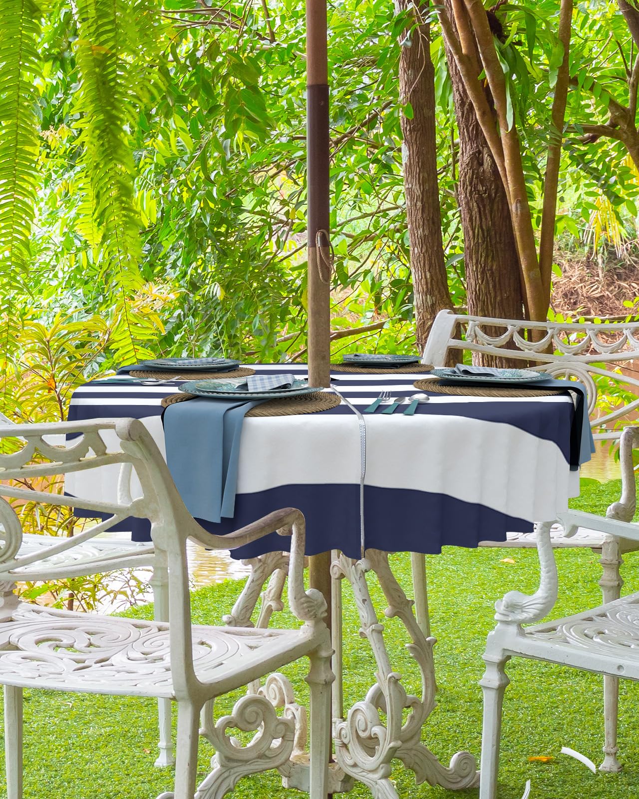 Outdoor Tablecloth with Umbrella Hole and Zipper Classical Nautical Stripe Round Outdoor Tablecloths 54 Inch Outside Table Cloths Navy Blue Patio Table Cover for Outdoor Tables Picnic BBQS Garden : Patio