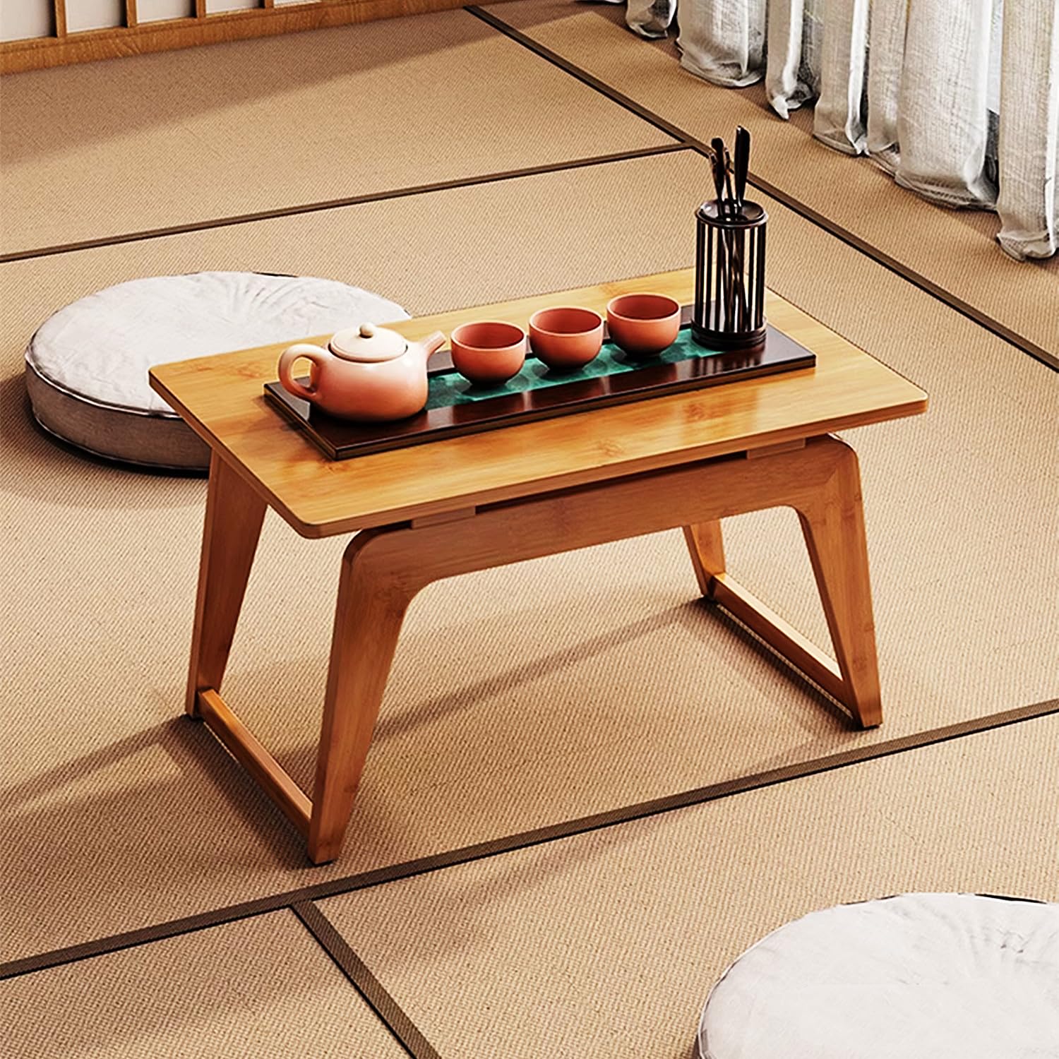 Table à thé Japonaise Basse en Bambou Gain de Place 80 cm Noyer