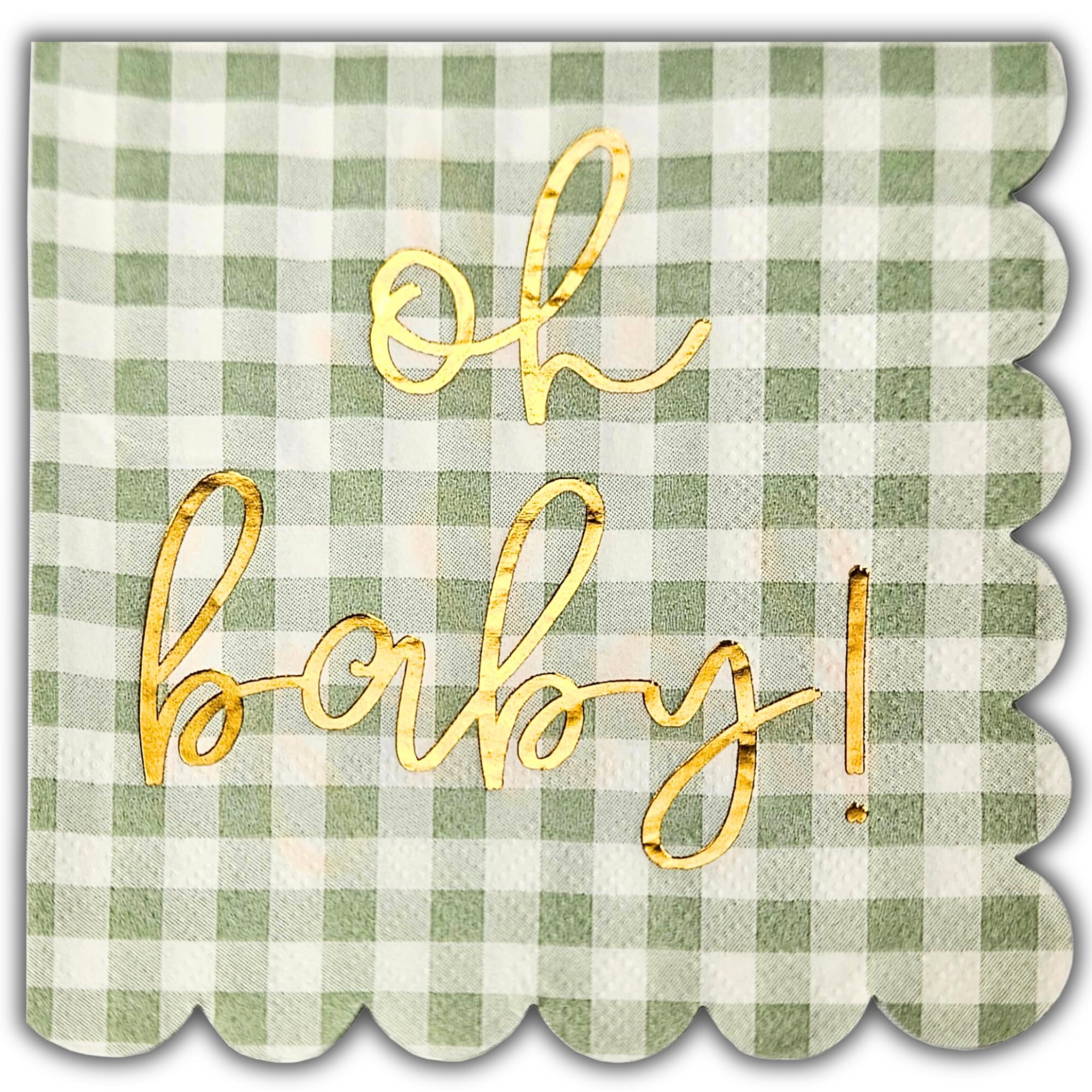 'Oh Baby' Baby Shower Decorations, 50 Pack, Gold Oh Baby Napkins in Plaid Sage Green Pattern, Scalloped Edges, Sage Green Baby Shower Napkins, Neutral Gender Reveal Decorations
