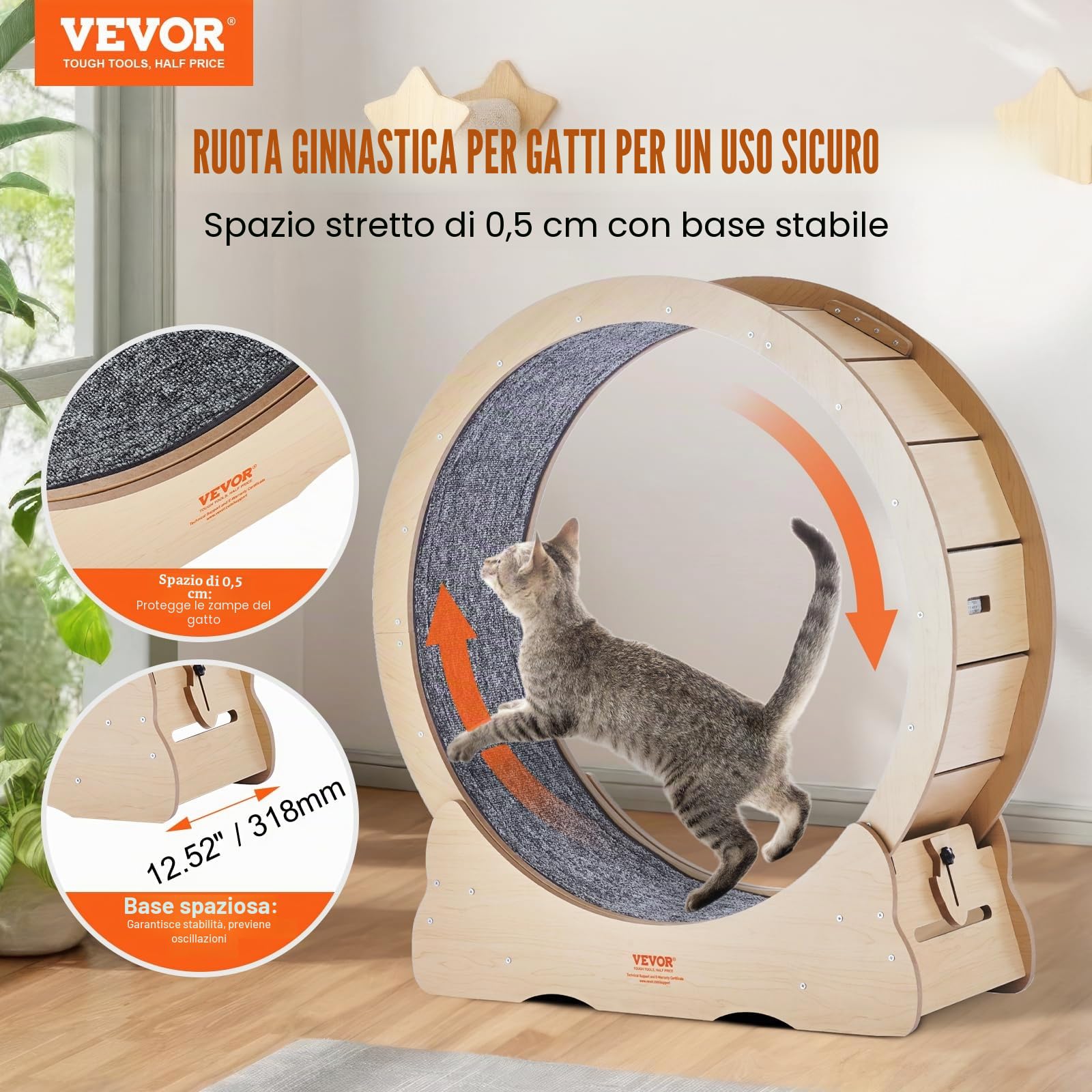 VEVOR Ruota per Esercizi per Gatti, Ruota per Tapis Roulant per Gatti da Interno, Ruota da Corsa da 910 mm con Tappeto Staccabile e Teaser per Gatti per Allenamento, Adatta alla Maggior Parte