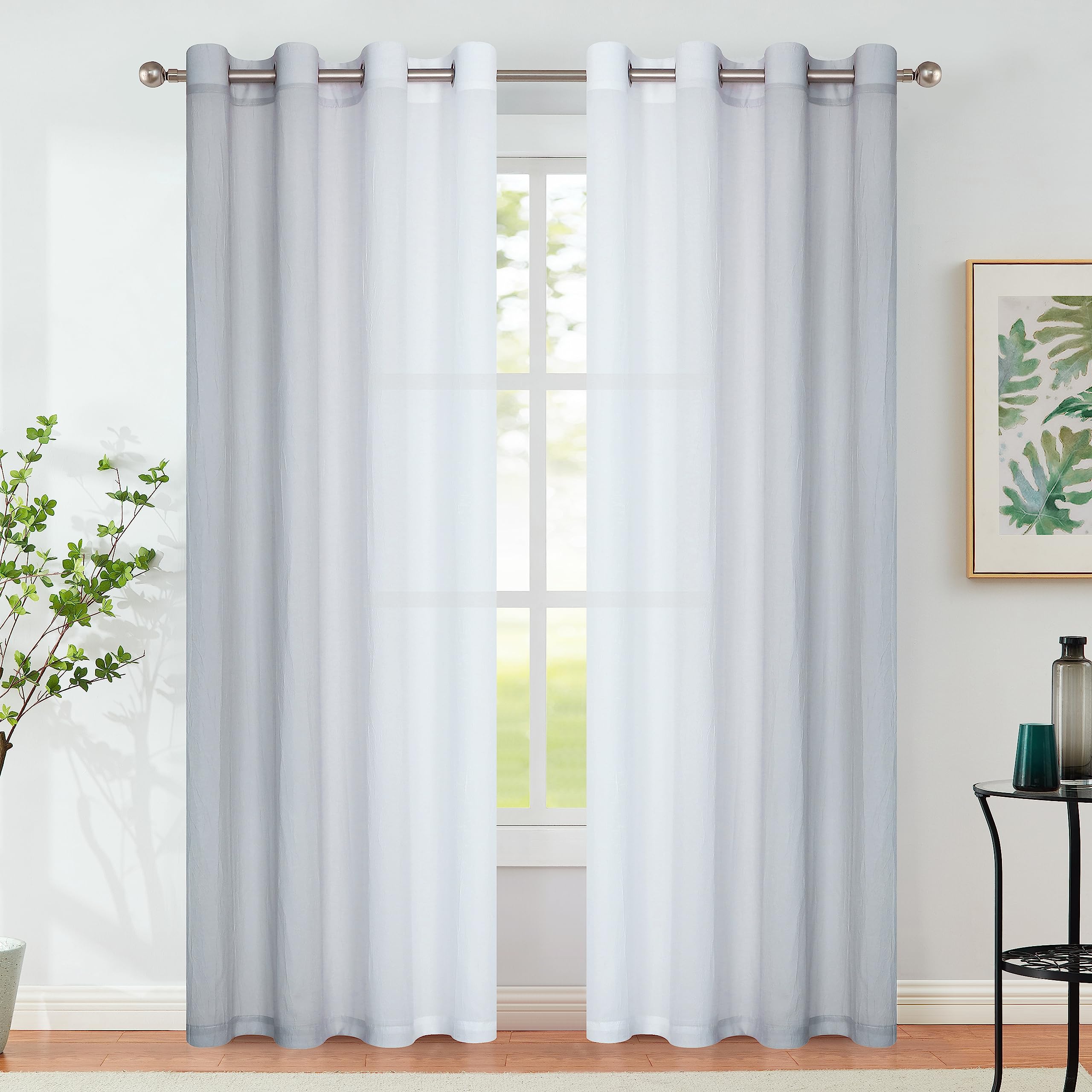 Ombre Chiffon Sheer Curtains for Living Room Grey Crushed Crinkle Semi Voile Curtain Panels for Bedroom Decoration, Light Filtering Gradient Window Treatments Grommet Top, 2 Panels, 52" Wx95 L