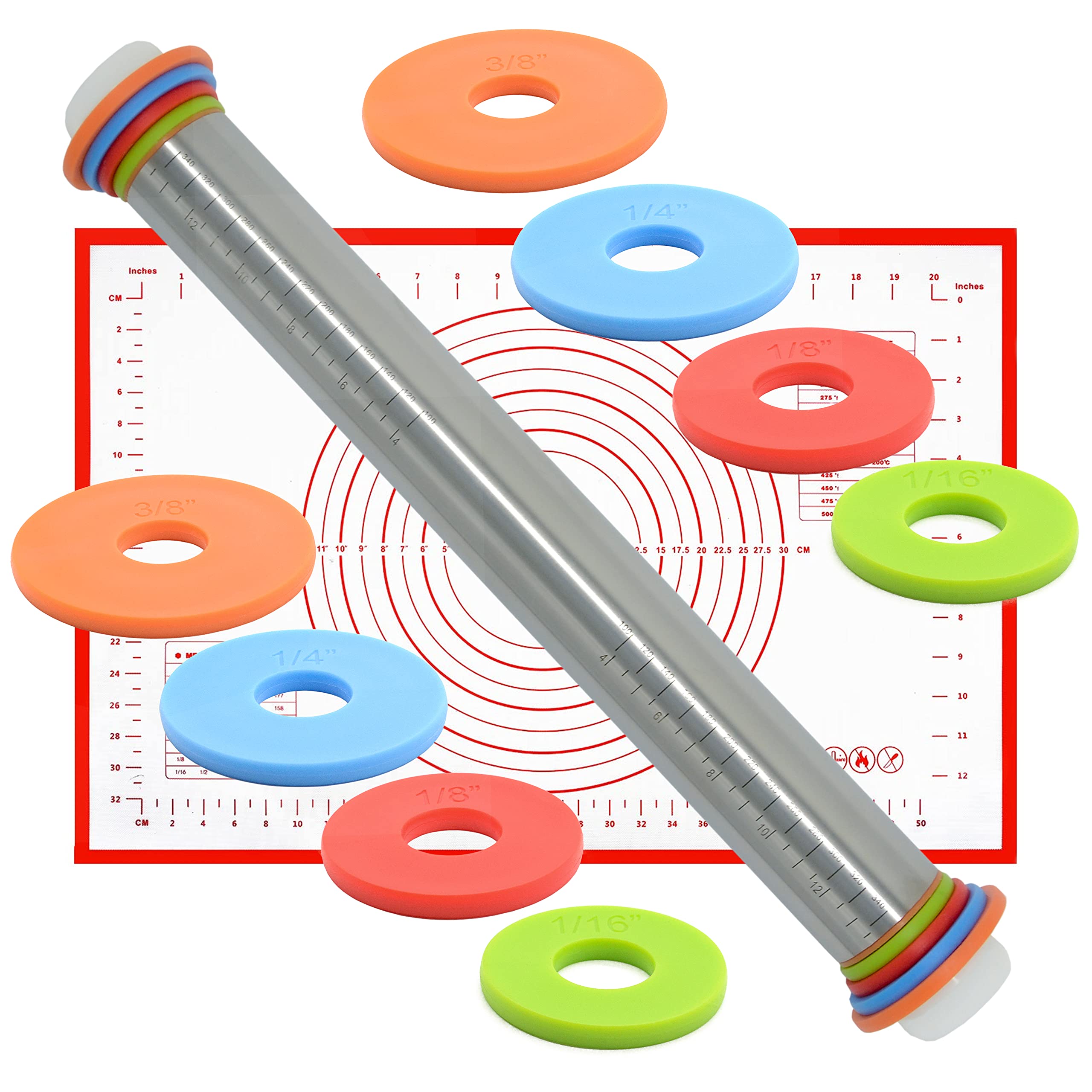 DAIJHFC1Pcs Rolling Pin And Silicone Baking Pastry Mat Set, Stainless Steel Dough Roller, with Adjustable Thickness Rings Nonstick Mat, for Dough, Pizza, Pastries, Pasta, Cookies