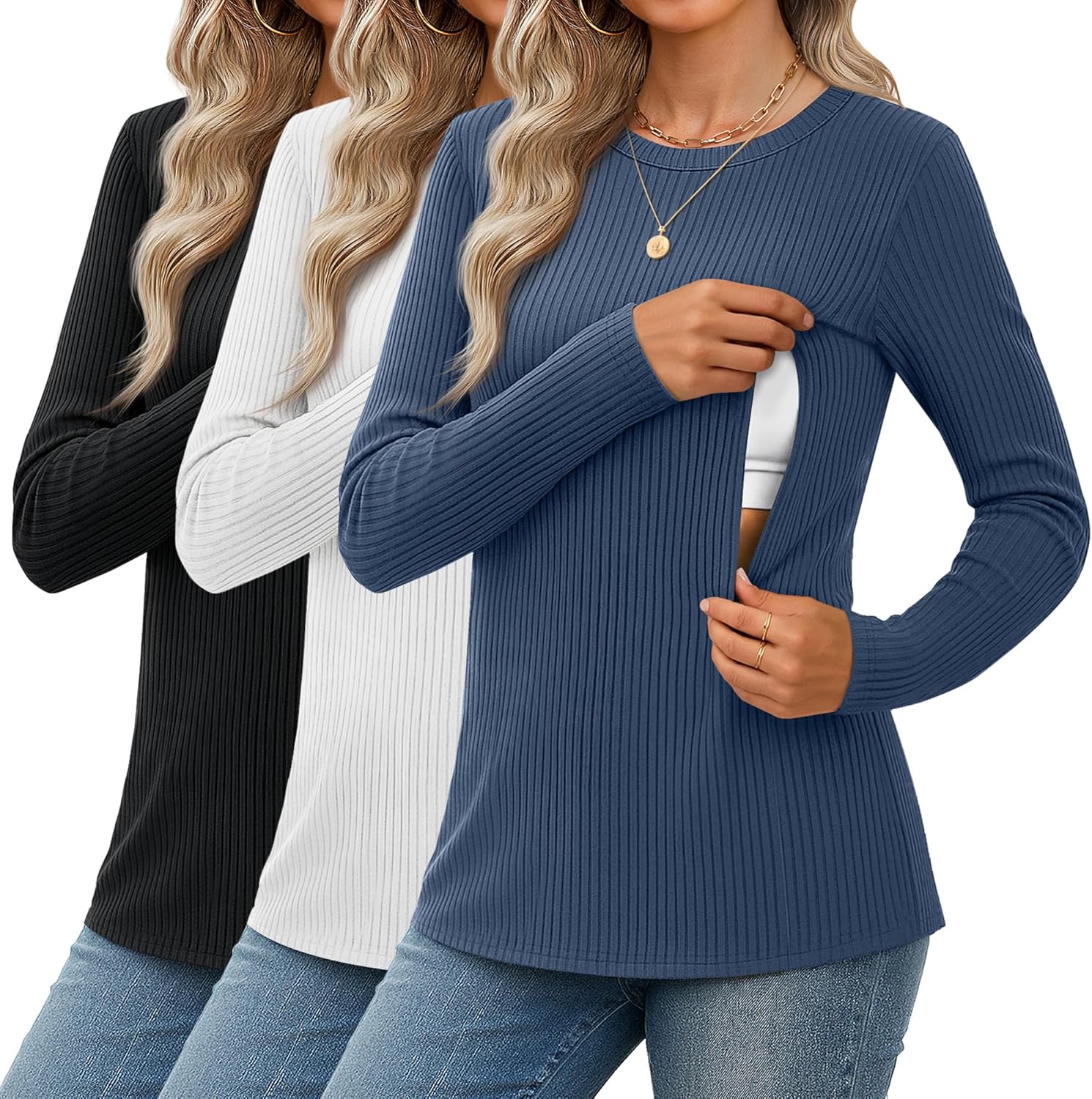 3 Pack Women's Nursing Shirts Ribbed Long Sleeve Breastfeeding Tops with Hidden Zipper Maternity Clothes