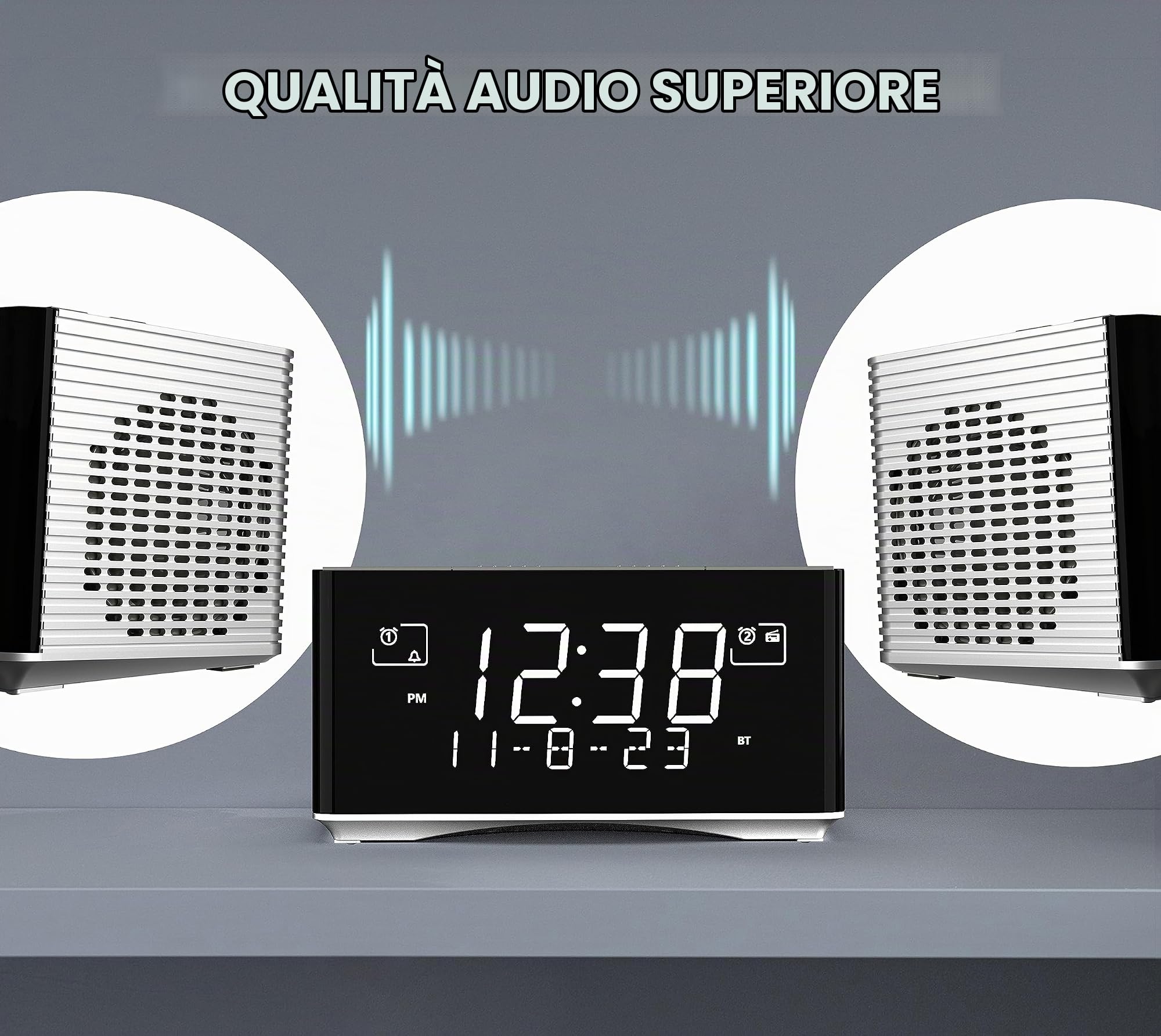 iTOMA Radiosveglia FM e DAB con Porta di Ricarica USB, Altoparlante Stereo Bluetooth, Jack Per Cuffie, Doppio Allarme, Snooze, Display LCD Oscurabile 3501