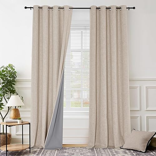 PONY DANCE 100% Blackout Linen Curtains for Bedroom 84 Inches Long, Thermal Insulated Grommet Curtain for Living Room, Noise Reducing Window Treatment Drapes 2 Panels Set, 52" W x 84" L, Natural