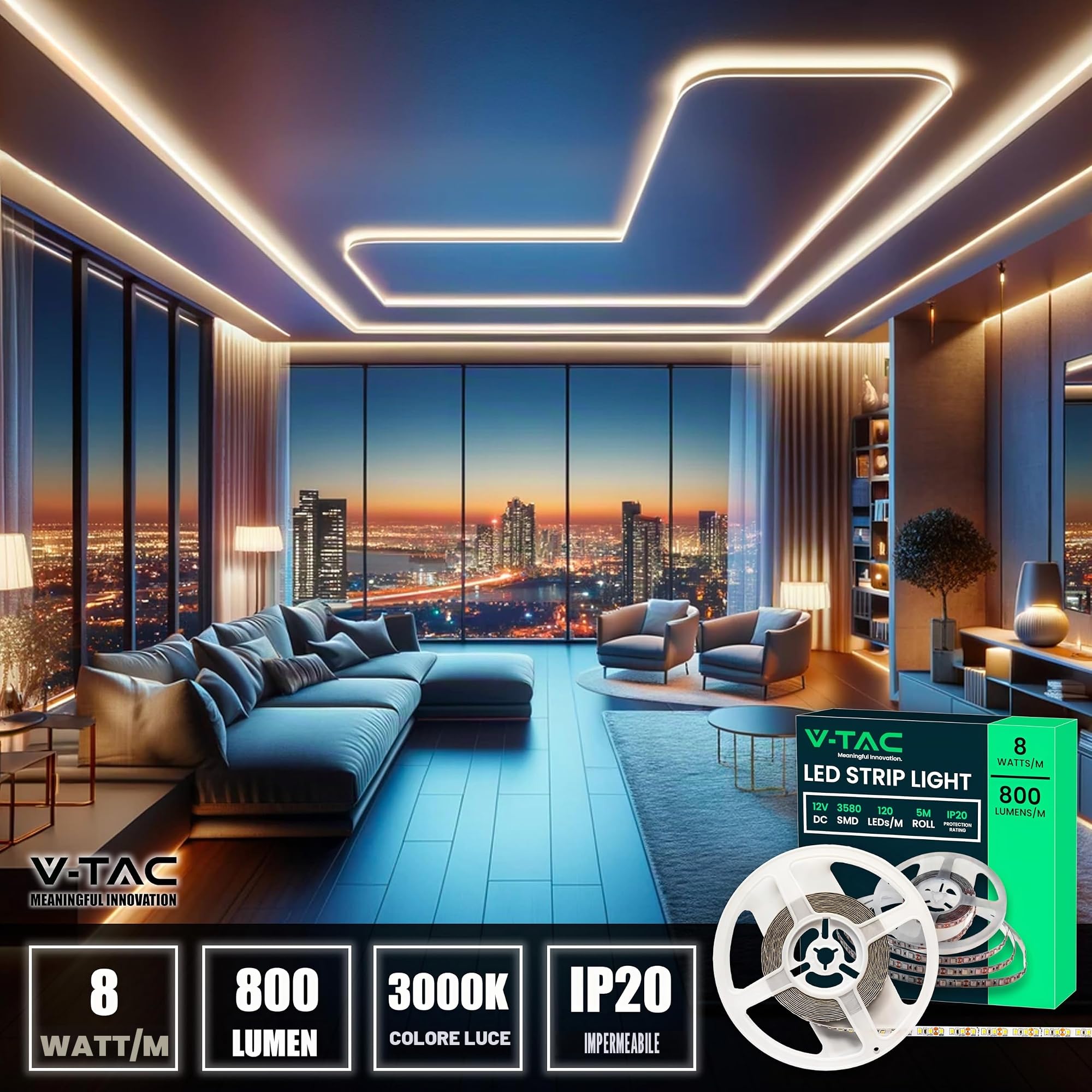 V-TAC Striscia Led da Interno SMD 3528 8W - 5 Metri - Striscia LED Adesiva per Casa, Cucina, Camera, Ambienti Interni - Strisce LED Luminosità 800 Lumen - Alimentata 12V - Luce Bianca Calda 3000K