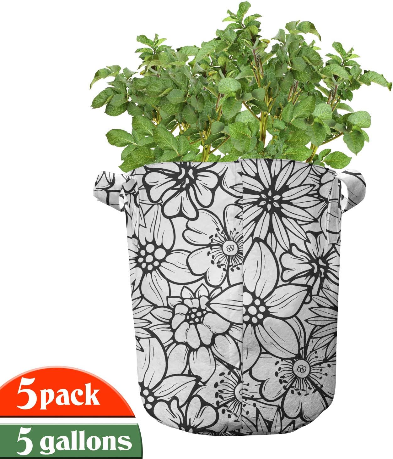 Ambesonne Floral Vintage Grow Bags 5-Pack, Cartoon Style Petals, Heavyduty Fabric Pots with Handles for Plants, Charcoal Grey and White