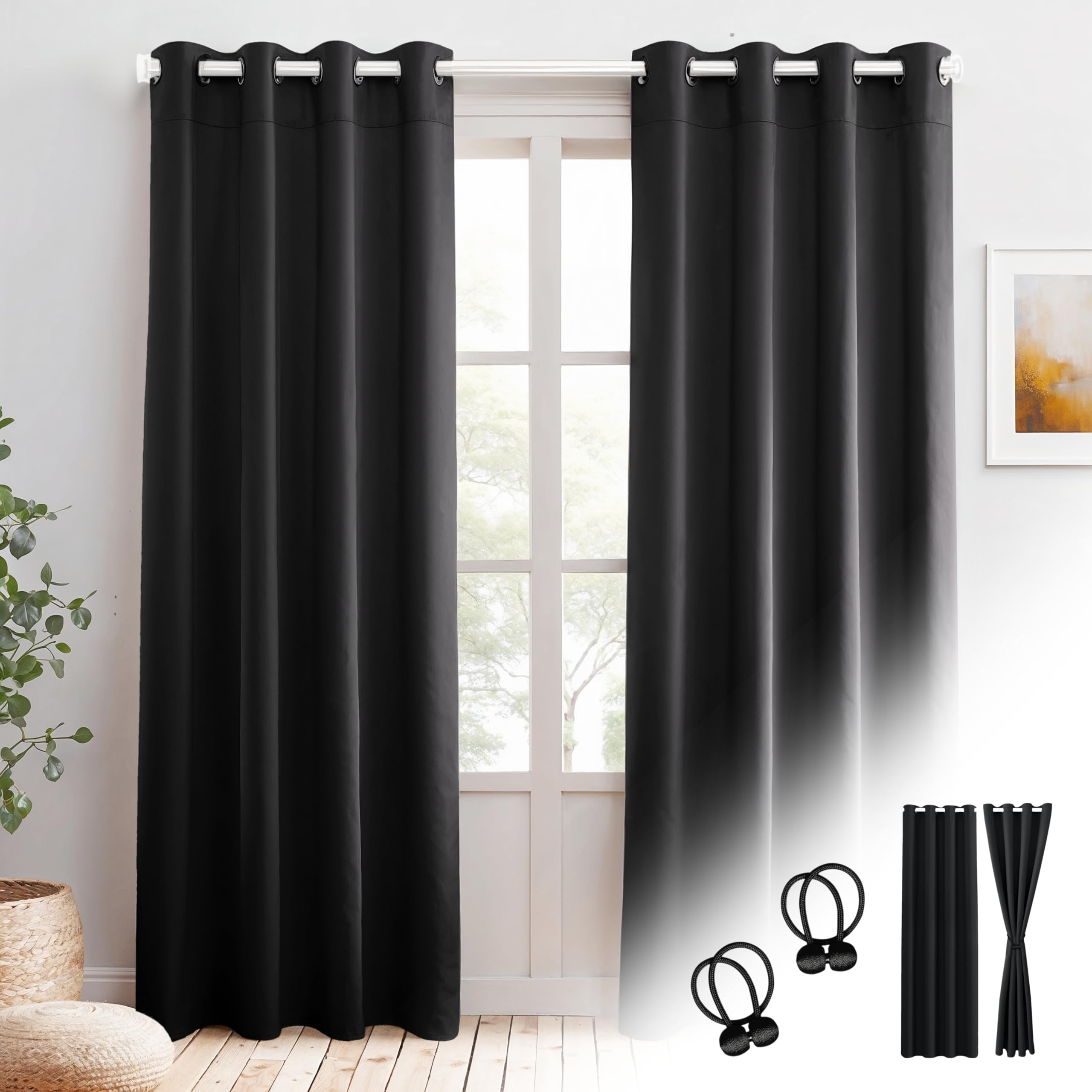 Cozyor Verdunklungsvorhänge Gardinen 2er Set mit Magnet-Raffhalter Thermogardine isolierend verdunkelnd, Gardine mit Ösen für Schlafzimmer, Wohnzimmer, Kinderzimmer