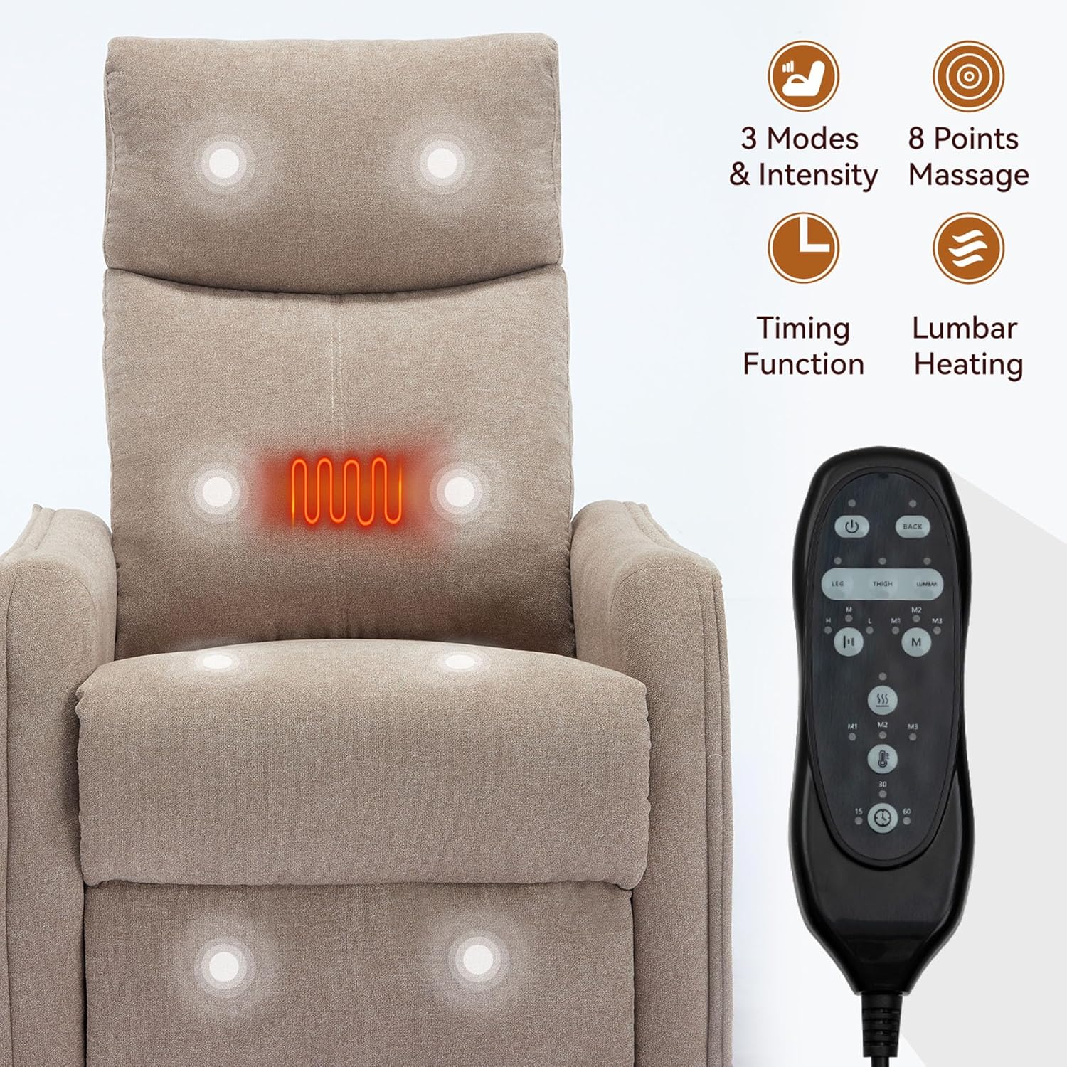 Rocker Recliner Chair for Adults, Swivel Rocker Recliner with Massage and Heat, Adjustable Glider Recliner Nursery Chair with Black Metal Base, Small Recliners for Small Spaces, Living Room (Khaki)