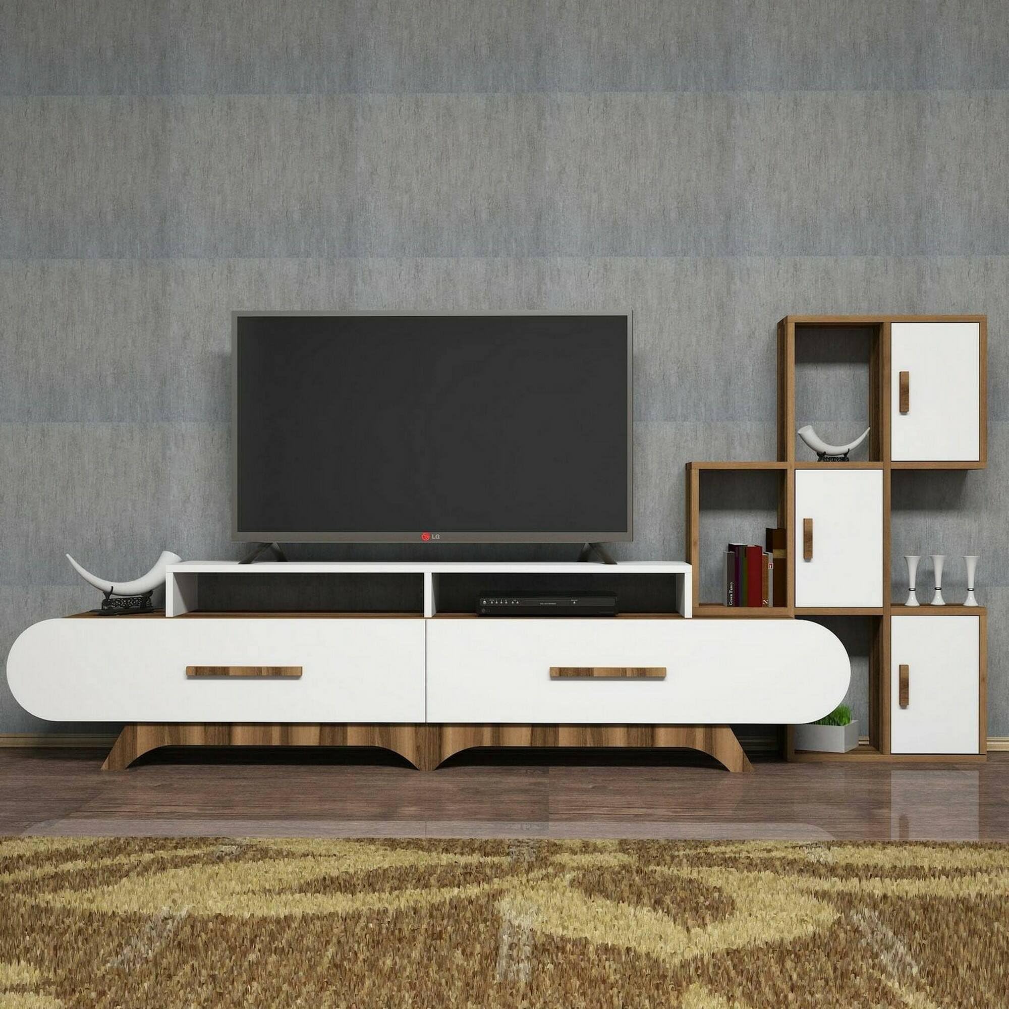 Dmora - Parete attrezzata Zephyria, Composizione soggiorno, Mobile salotto multiuso, Armadio porta TV, 205x37h50 cm, Noce e Bianco