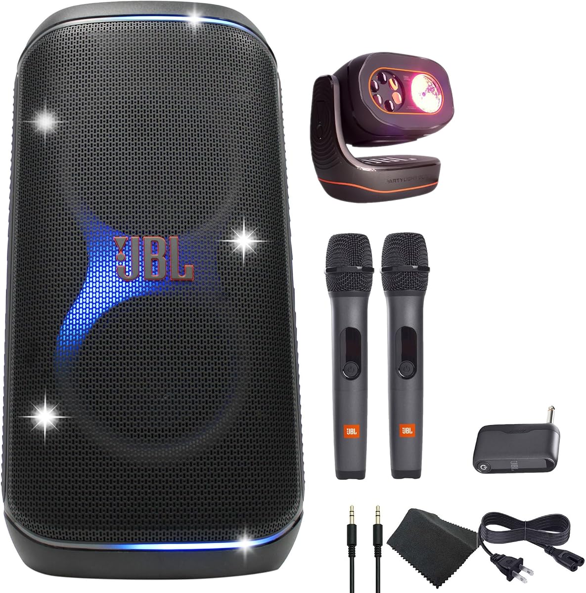 JBL PartyBox Club 120 Speaker - 160W Portable Wireless Splash Proof + Partylight Beam + Wireless Two Microphone System with Receiver + AUX Cable + Microfiber Cloth