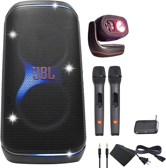 JBL PartyBox Club 120 Speaker - 160W Portable Wireless Splash Proof + Partylight Beam + Wireless Two Microphone System with Receiver + AUX Cable + Microfiber Cloth