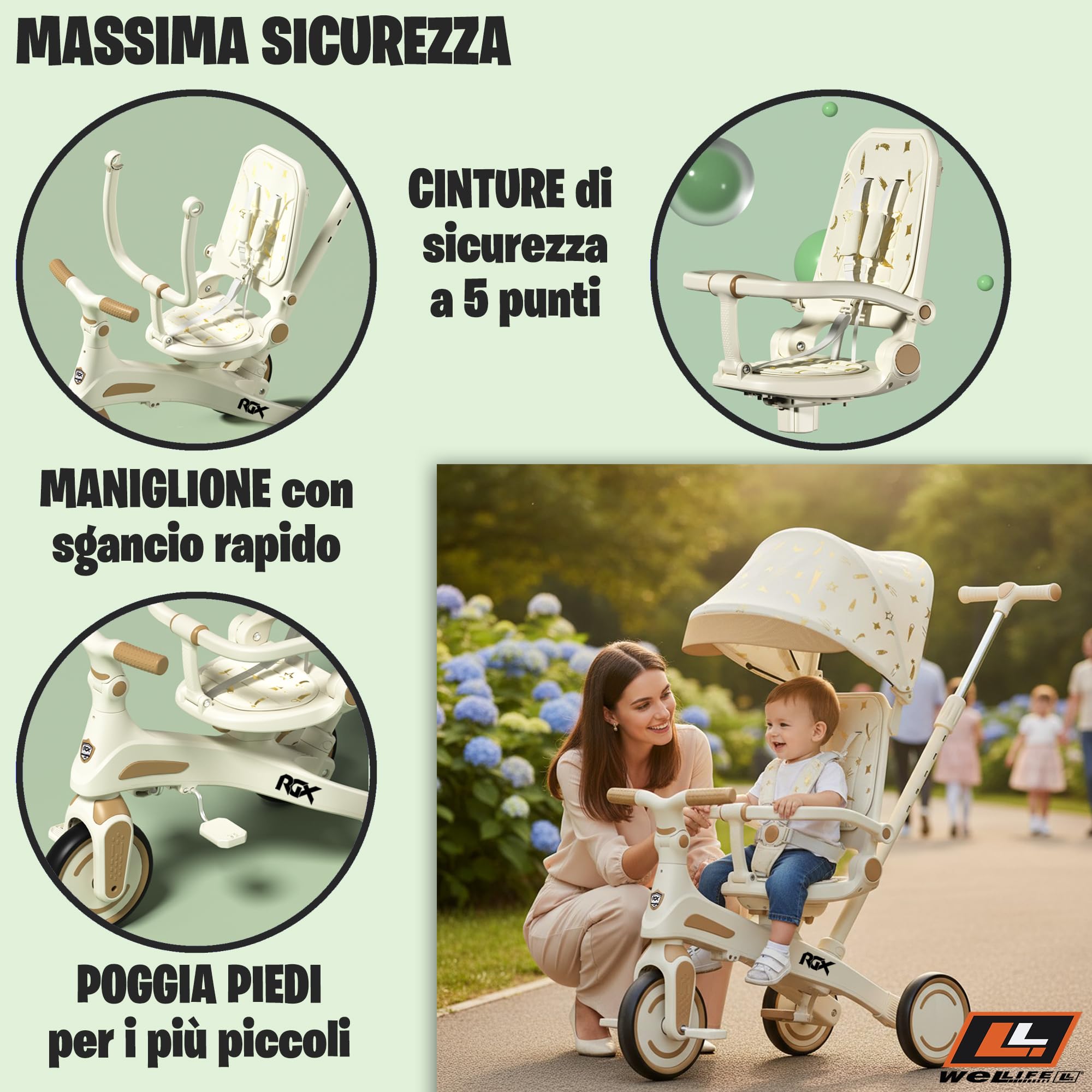 WeLLIFE RGX Triciclo Evolutivo 5 in 1 per Bambini 1-3 Anni | Con sedile girevole 360, maniglione genitore, cappottina parasole, cinture e montaggio senza attrezzi