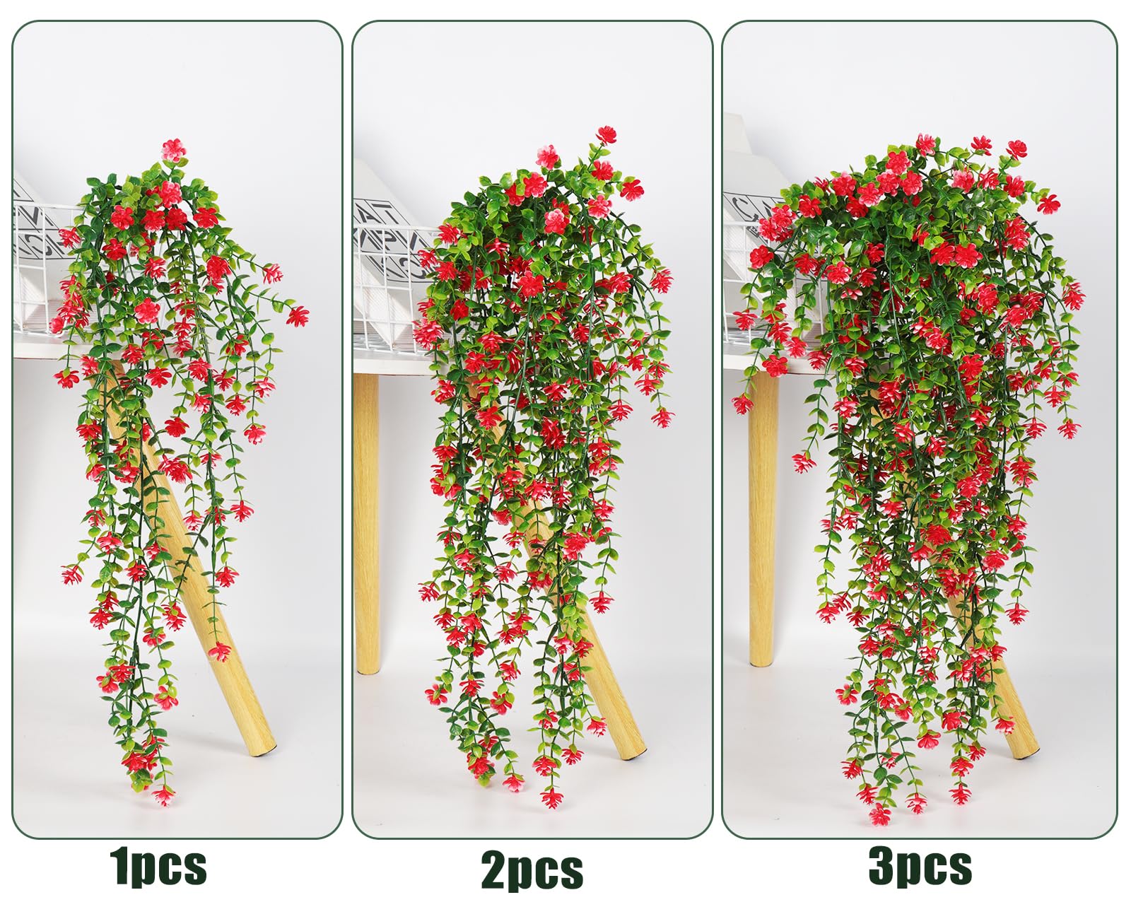 RECUTMS Artificial Hanging Plants Fake Hanging Vine Flowers Fake Plant Faux Hanging Flowers Outdoor Faux Eucalyptus Leaf Greenery Wall Indoor Room Wall Wedding Patio Porch Decor(Red) - Image 3