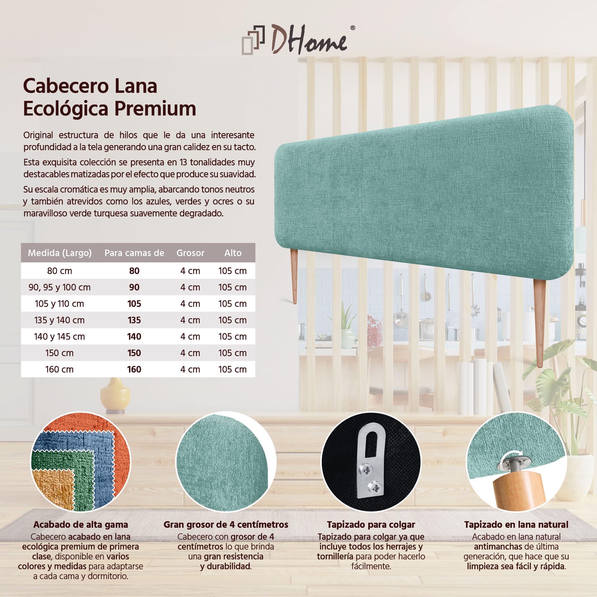 DHOME Testiera Imbottita Liscia Arrotondata in Lana Ecologica per Parete Acustica Testate Fonoassorbenti Testata Letto Camera da Letto (Verde Acqua, 135cm)