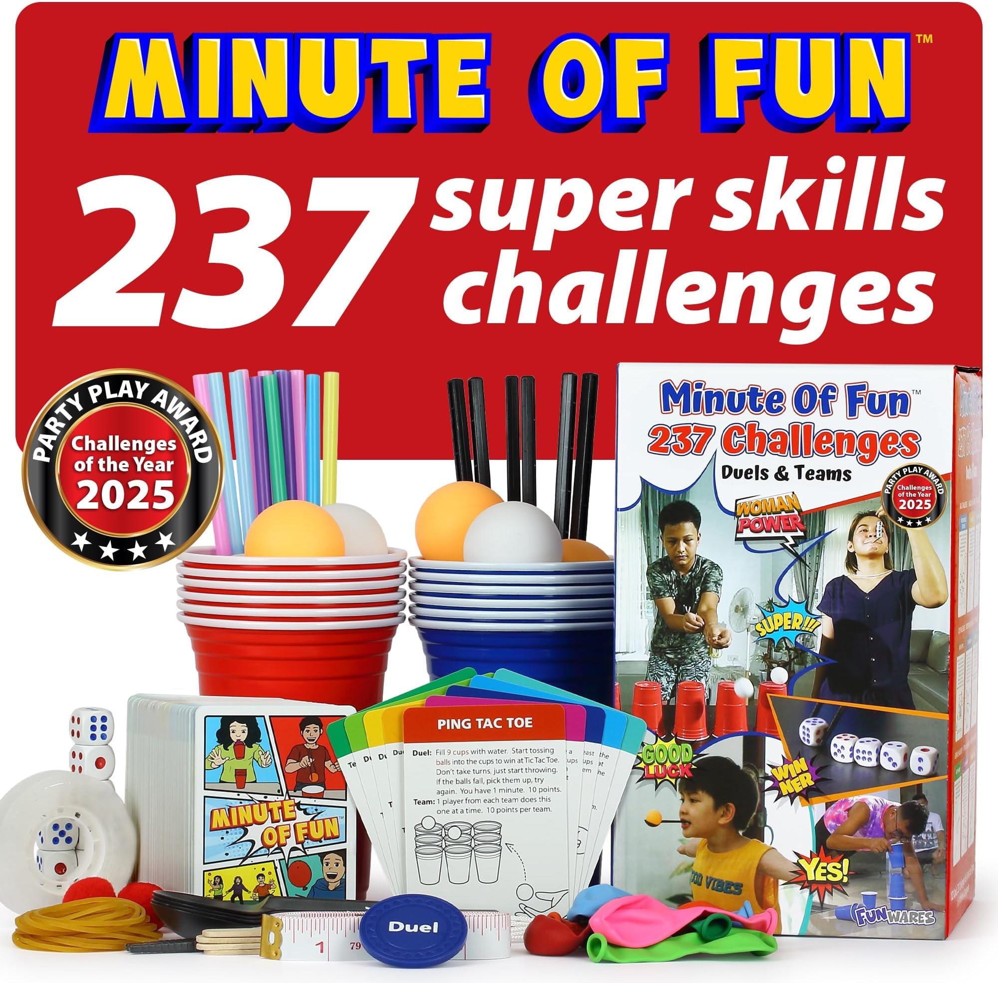 Funwares Minute of Fun - The Super Fun Game of 237 1-Minute Challenges for Duels, Teams and Parties - Family Party Game for Kids and Adults