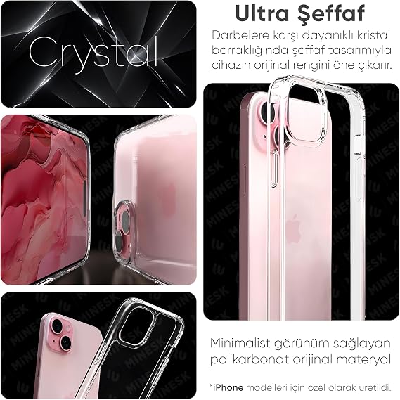 Minesk iPhone 15 ile Uyumlu Crystal Clear (Ultra Şeffaf Silikon) Kılıf Arkası Sert Polikarbonat Kenarları Yumuşak TPU Darbe Emici iç Hava Yastığı Destekli Kapak (15)