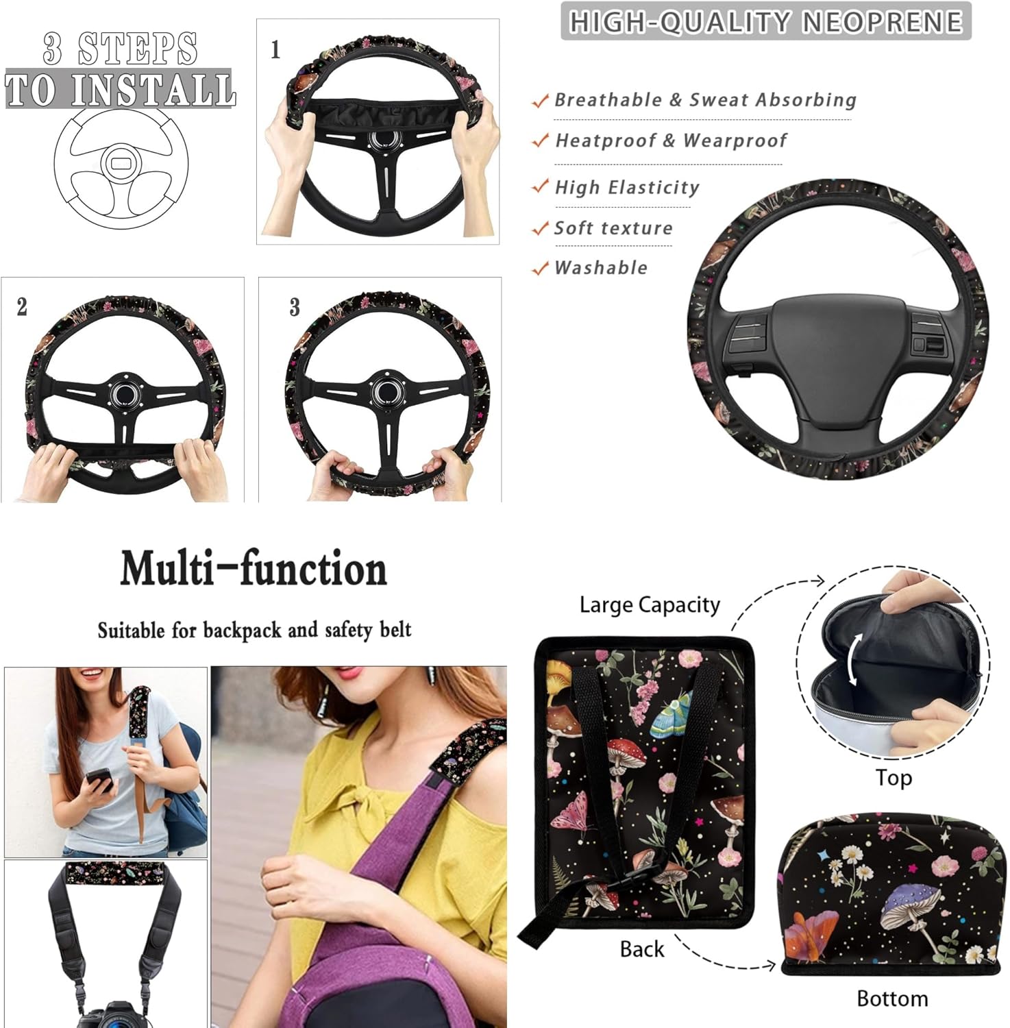 CLOHOMIN 15 Piece Car Seat Covers Full Set Mushroom Auto Steering Wheel Cover Butterfly Seat Belt Pads Coasters Trash Bin Hanging Storage Bag Cup Holders Rearview Mirror Cover Key Ring 15 PCS