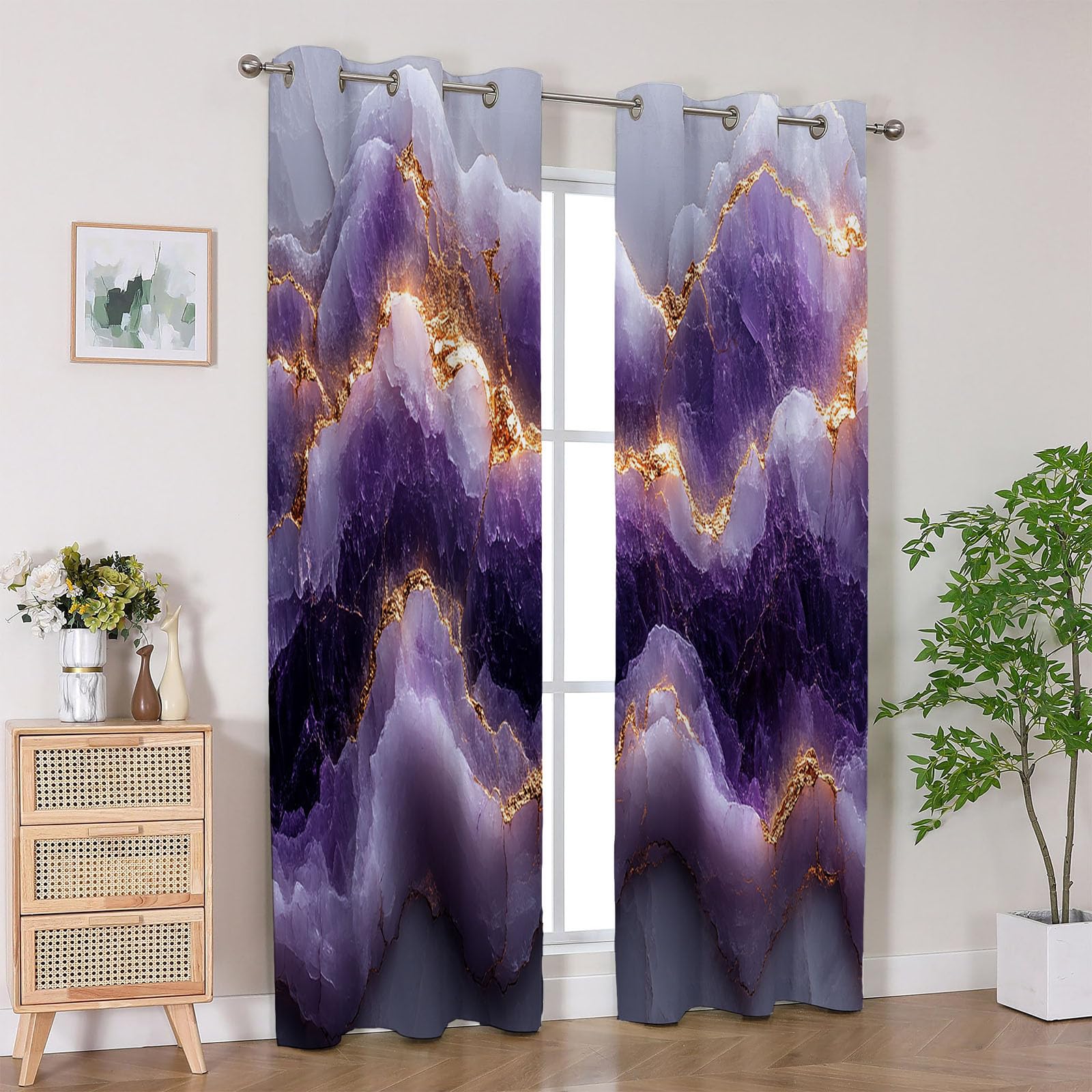 Abstrakt Vorhänge Blickdicht Gardinen Tiefpurpurne Kristall-Goldtextur Modern Wellen Blumen Vorhang Verdunklungsvorhänge für Schlafzimmer Wohnzimmer Fenster-H180 x B100 cm (2er Pack)
