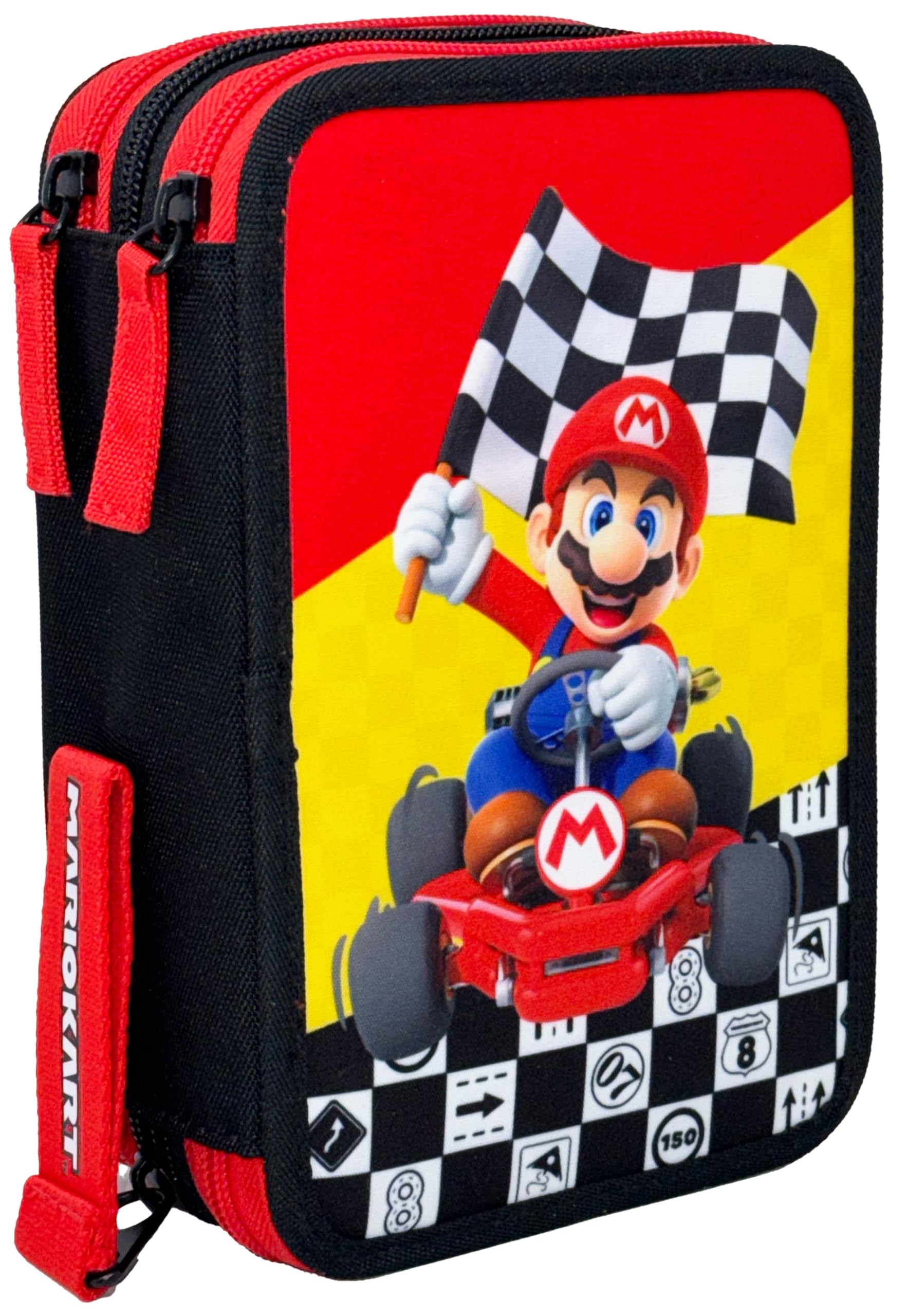 Clondo Trousse Triple Remplie Enfants, pour Super Mario Kart Fans, 45 Accessoires Scolaires, 3 Fermetures Éclair, Compartiments Organisés, Crayons de Couleur, Feutres, Ciseaux
