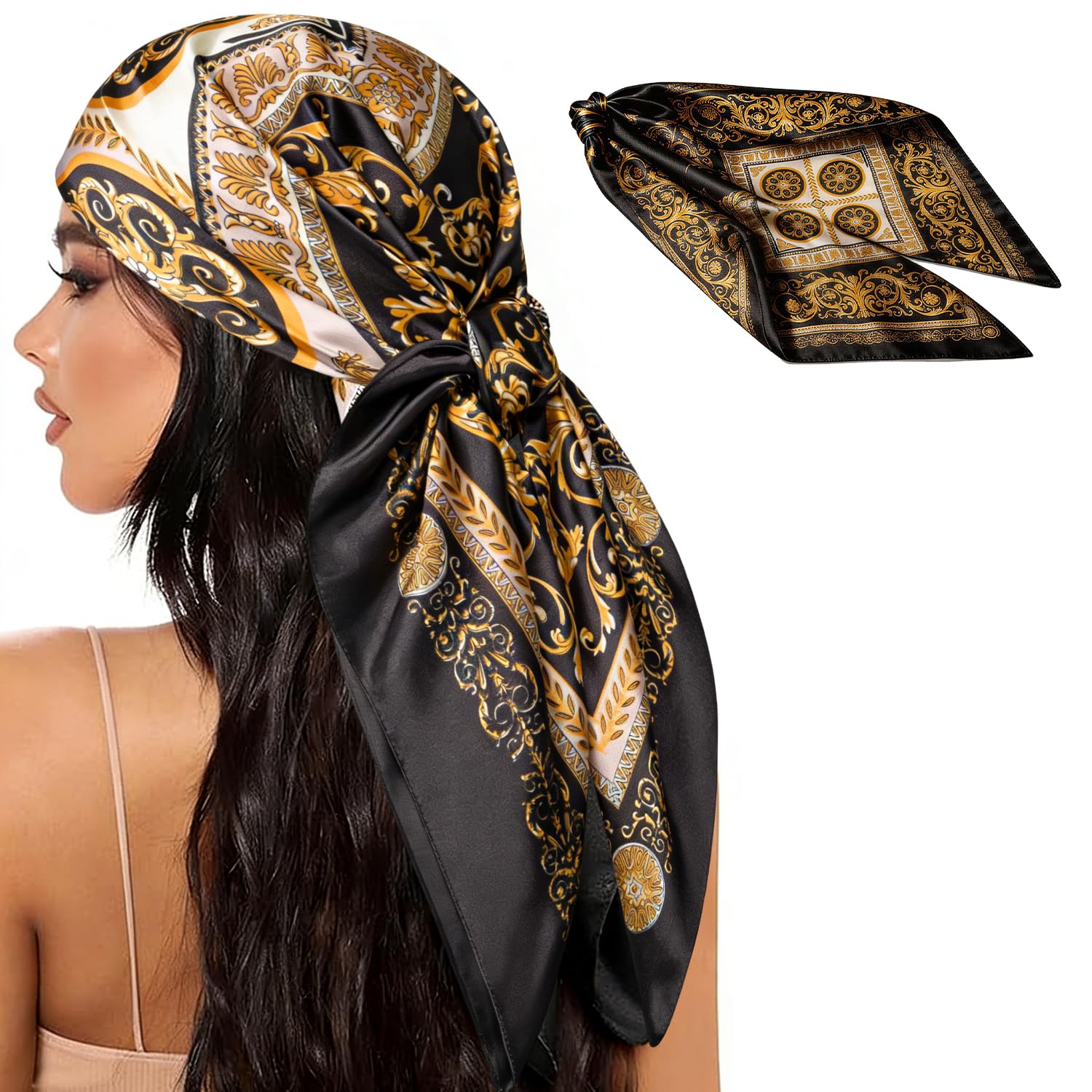 Brown 35" Women's Square Scarf Faux Silk Satin, Multipurpose Head, Hair, and Neck Accessory, Ultra-Soft, Stylish Scarf for Casual Wear-image-34