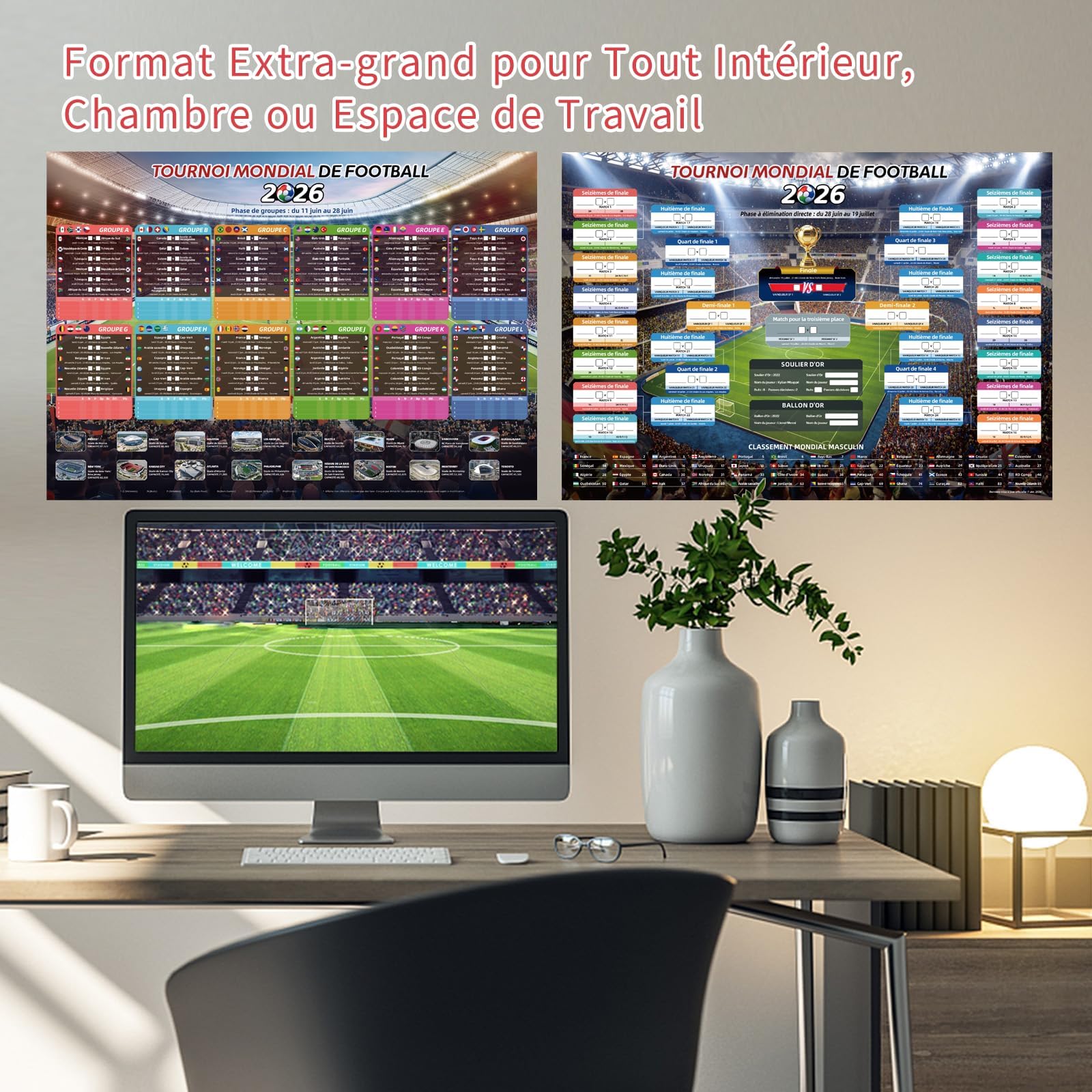 AhfuLife 2Pcs Calendrier Coupe du Monde de Football 2026, Affiche pour Coupe du Monde Decor- A2 Poster de Football- Inclure 48 Équipes Phase de Groupes et Résultats du Finale（Pliés,42 cm x 59,4 cm）