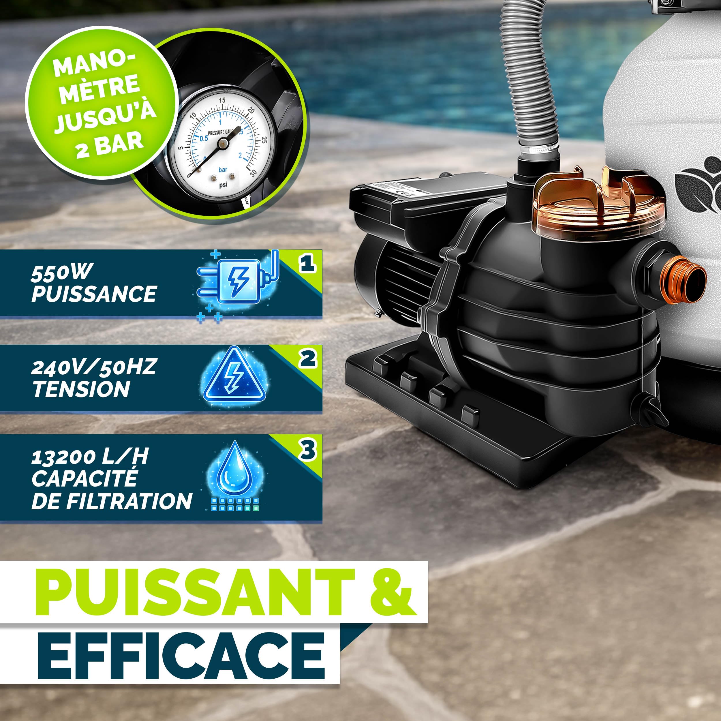 tillvex® Système de Filtre à Sable 13 200L/h jusqu'à 40 000L + 1200g Boules Filtre | 7 Fonctions de Filtration & Adaptateur 2en1 Ø32-38mm | Filtre piscine avec indicateur de pression (Blanc/Orange)