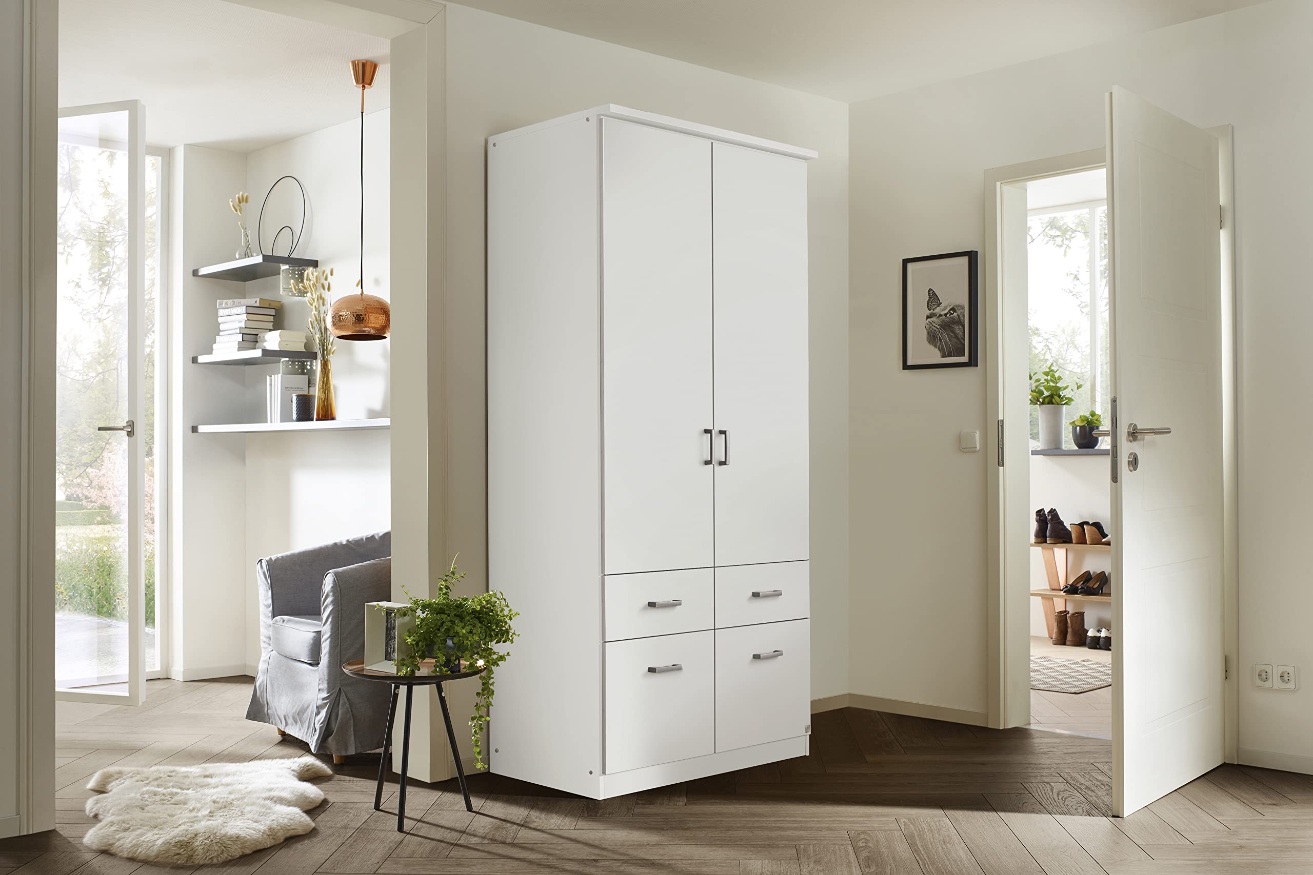 Rauch Möbel Bremen, Kleiderschrank für Schlafzimmer, Wohnzimmer, Kinderzimmer, Flur, Garderobe, 2-türig, mit 4 Schubladen, Farbe Weiß, Breite 91 cm