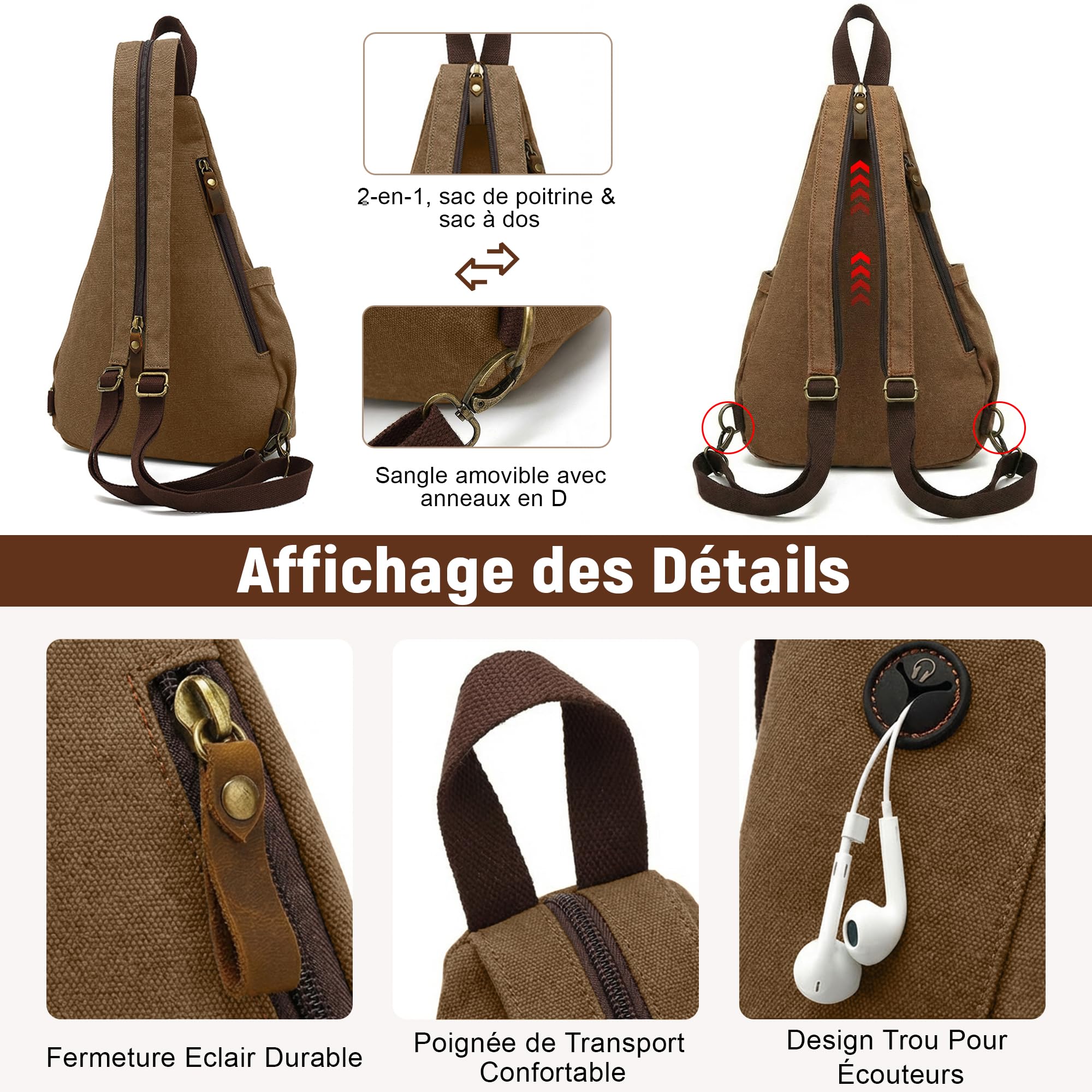 VARLIVOO Sling Bag Sacs à Bandoulière pour Hommes Sac de Poitrine Crossbody Bag Voyager Randonnée Alpinisme Camping Cyclisme L'école Toile Sling Sac à Dos Marron B