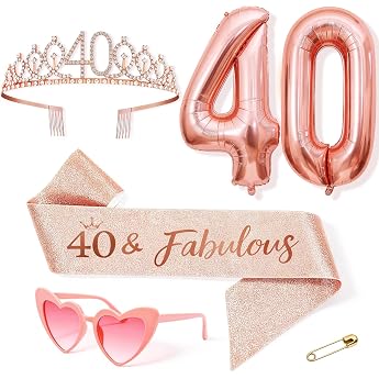 Decoration 40th Birthday Women 40th Birthday Crown and Sash Pink Heart Shaped Glasses Balloons Rose Gold Birthday Gift for 40 Years Woman Birthday Party Decoration Supplies