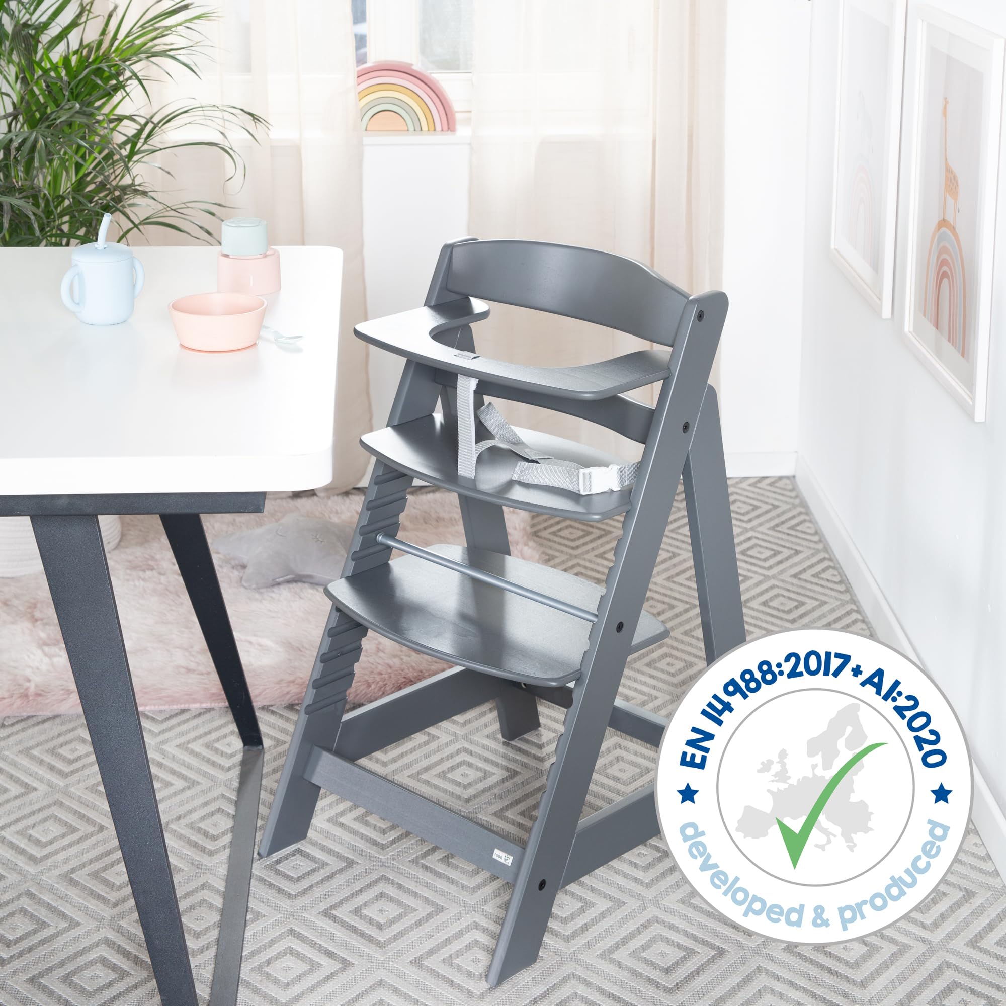 roba Babyhochstuhl Sit Up Flex - Mitwachsender Hochstuhl aus Holz - Verstellbarer Kinderhochstuhl mit Schrittgurt - ab 6 Monaten bis 70 kg - Anthrazit
